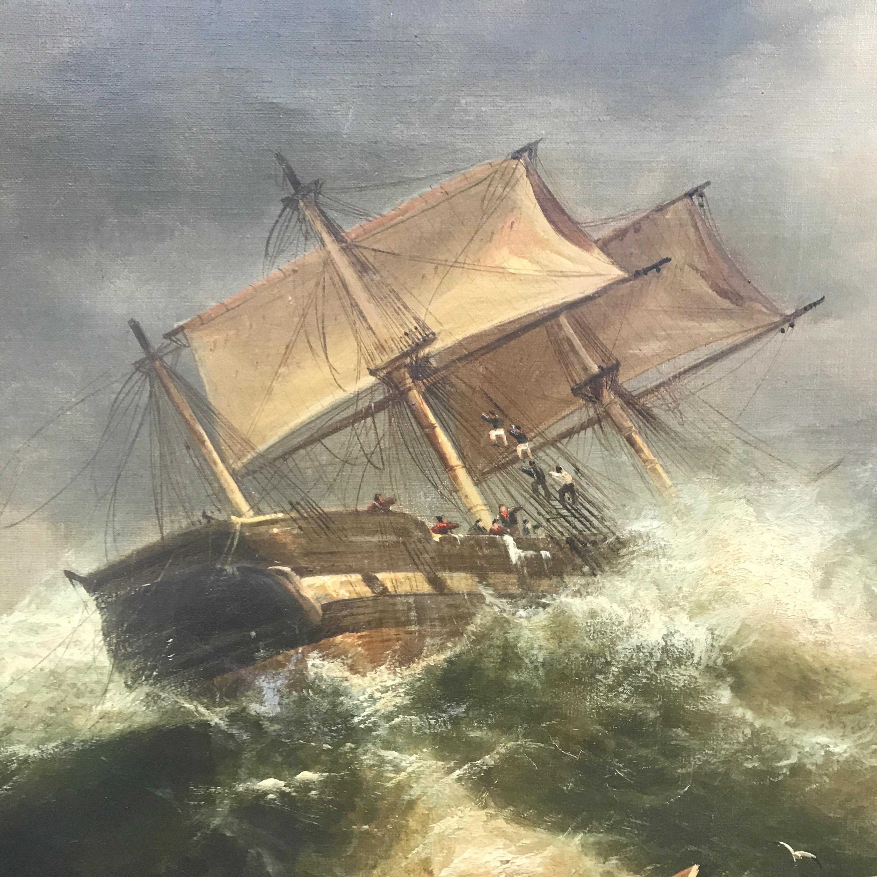 An English marine painting depicting a seascape by John Mallord Bromley (London 1858- Torquay 1939), late 19th century Victorian marine view, a stormy, rough sea oil on canvas painting, with a broken boat mast in the foreground, three boats, a sail