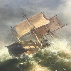 19th Century English Marine Painting Boats Stormy Sea by Bromley John Mallord