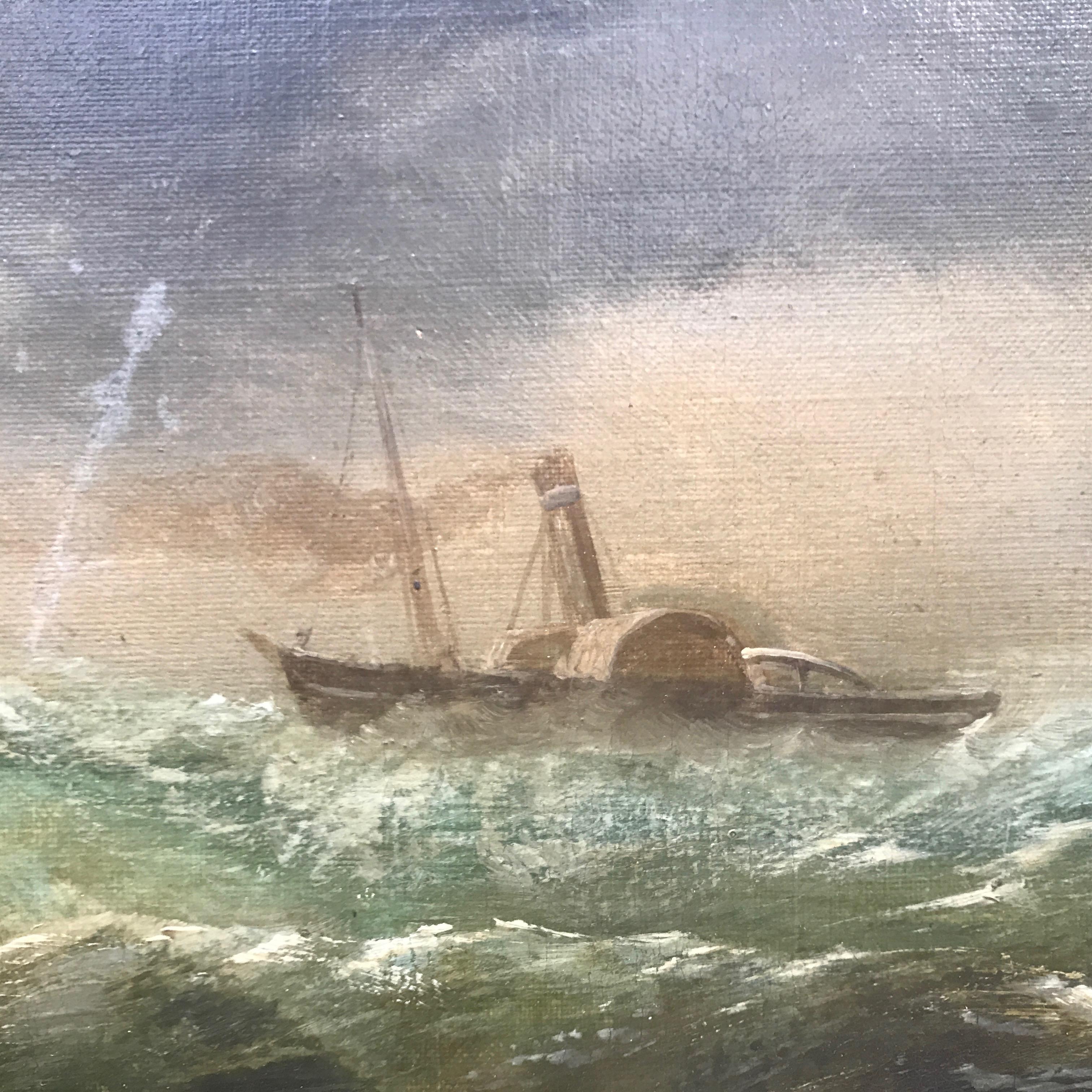 Victorian 19th Century English Marine Painting Boats Stormy Sea by Bromley John Mallord