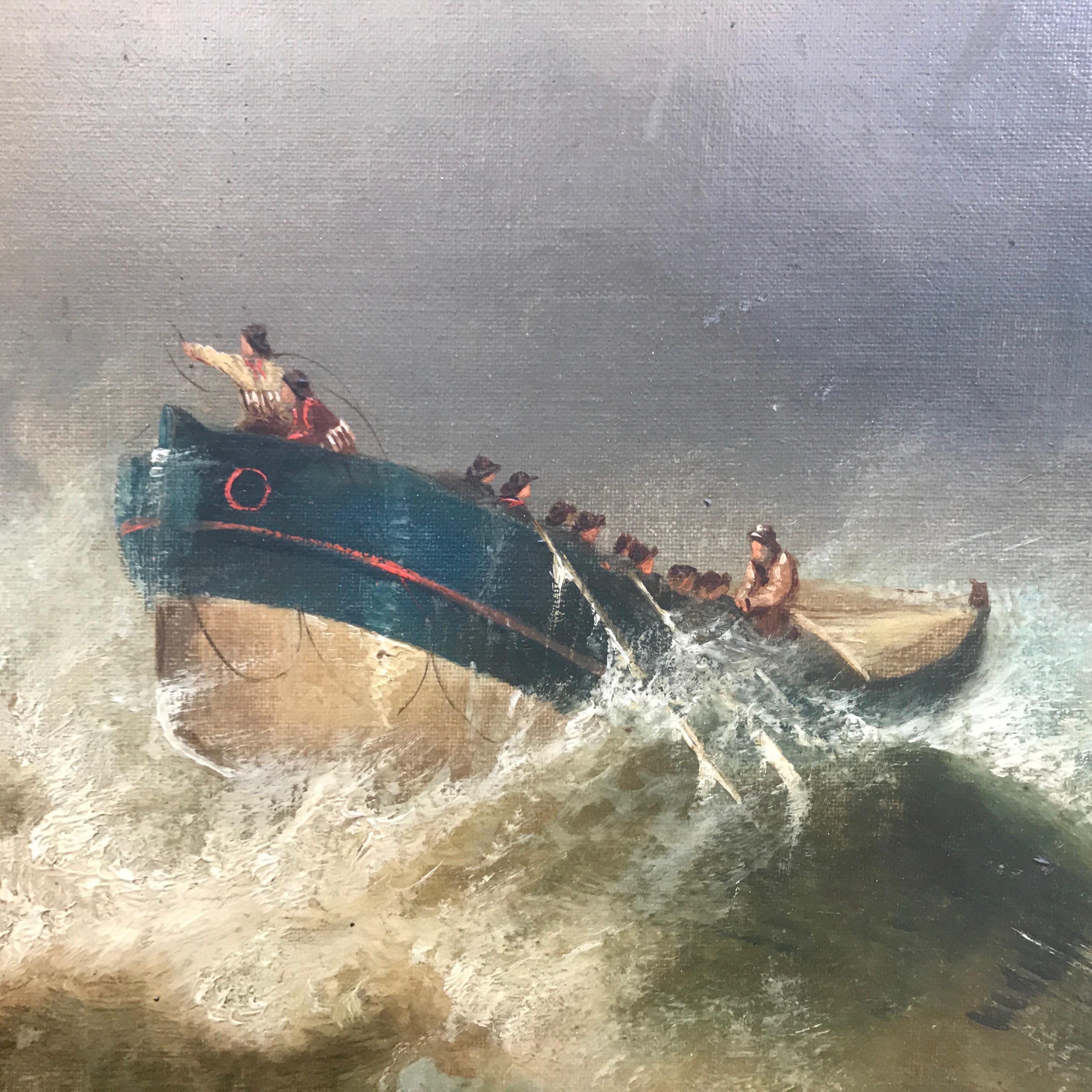 Hand-Painted 19th Century English Marine Painting Boats Stormy Sea by Bromley John Mallord