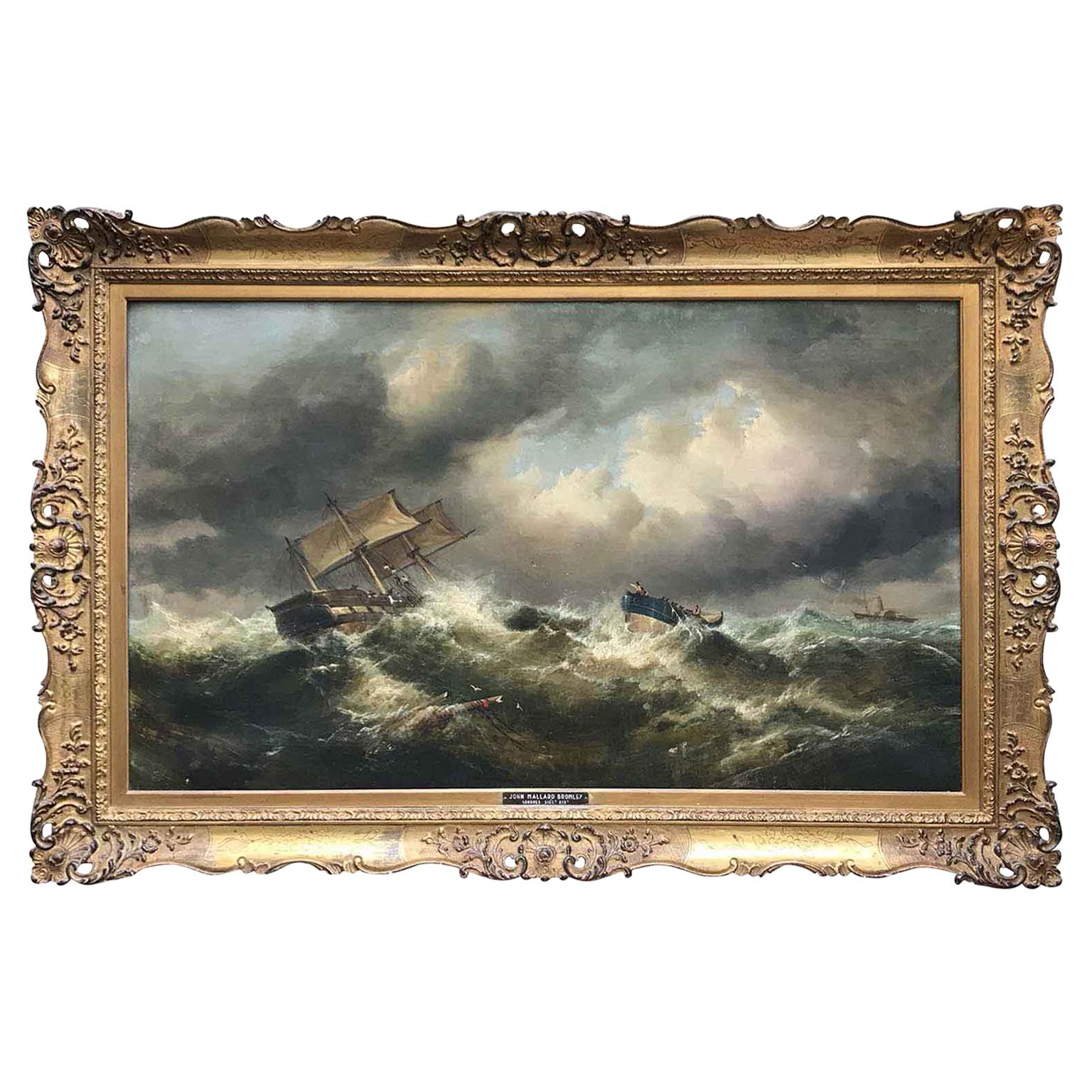 19th Century English Marine Painting Boats Stormy Sea by Bromley John Mallord