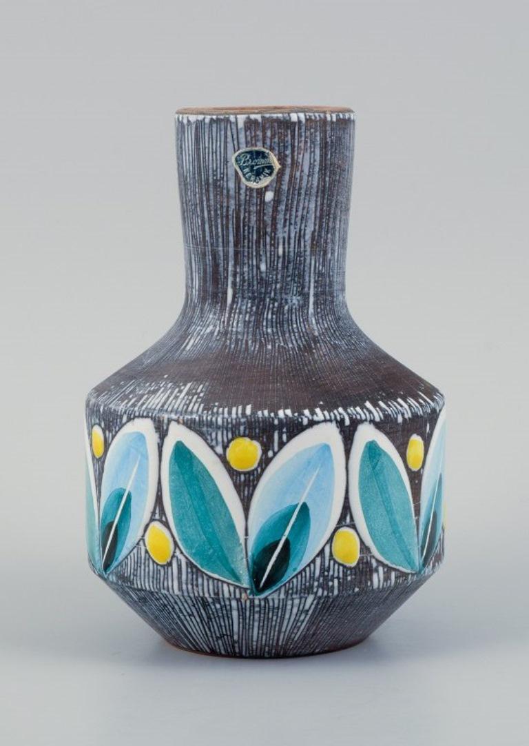 Scandinavian Modern Bromma Ceramics, Sweden, Handmade Retro Ceramic Vase Decorated with Leaves For Sale