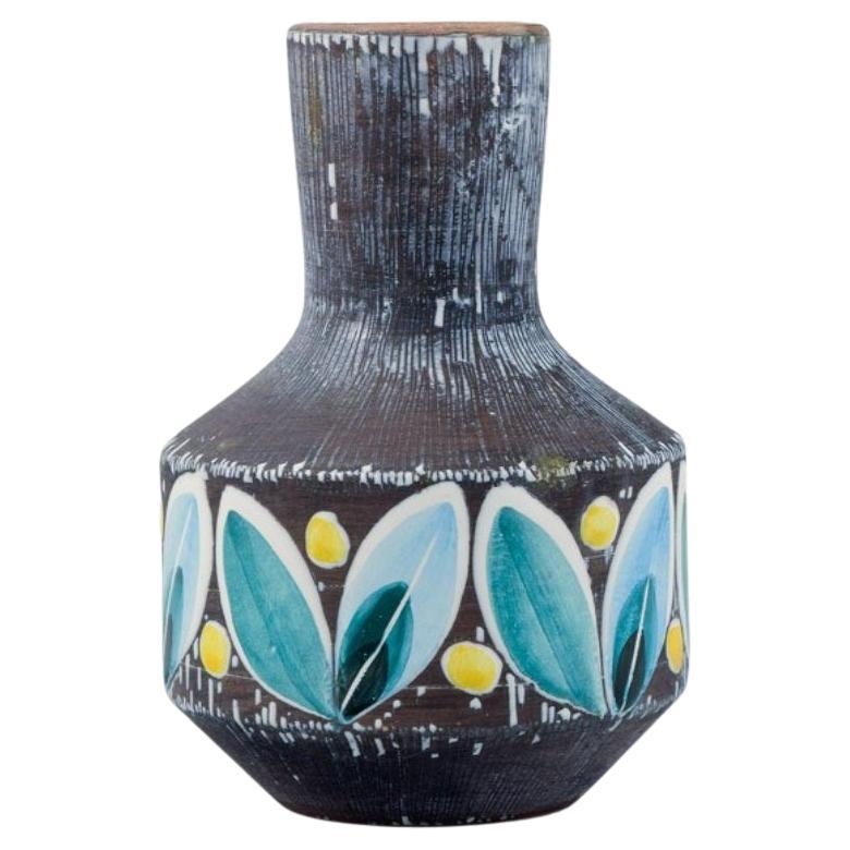 Bromma Ceramics, Sweden, Handmade Retro Ceramic Vase Decorated with Leaves For Sale