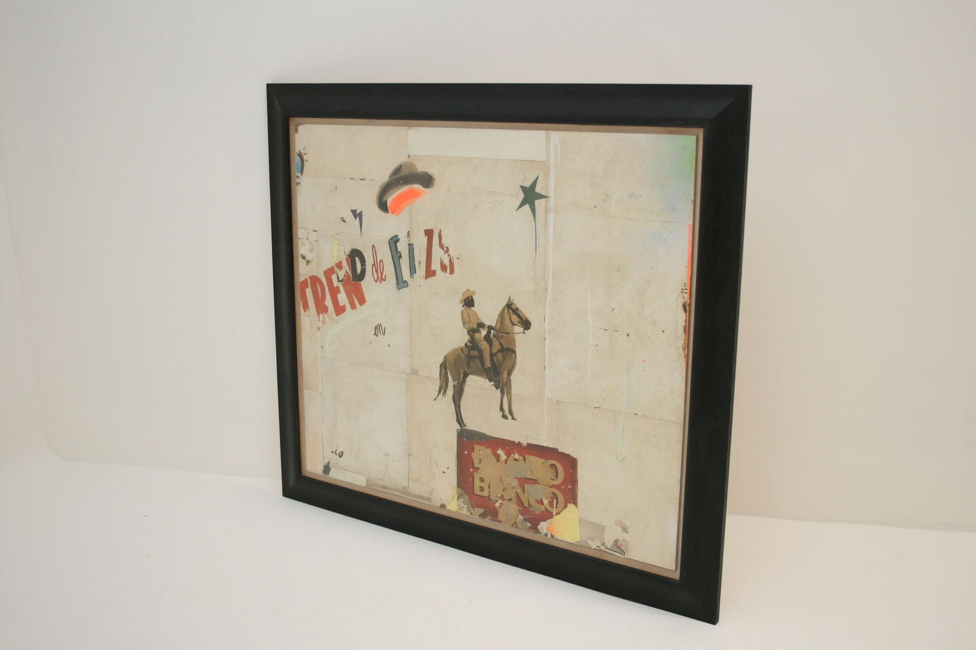 Bronco Bianco
Large abstract collage by artist Huw Griffith.
Collage: 19th century French ephemera, film posters from 1930s, 1940s & 1950s, graphite crayons and household paint.
Lone Ranger, cowboys, playful.
Size: 144.5 cm wide x 127 cm high x