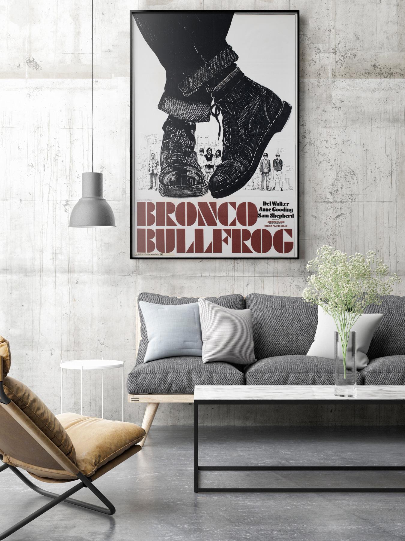 Rare country-of-origin first-year-of-release UK 1 sheet film poster for cult British flick Bronco Bullfrog. 

This vintage movie poster is sized 26 3/4 x 39 7/8 inches. It will be sent rolled (unframed).
