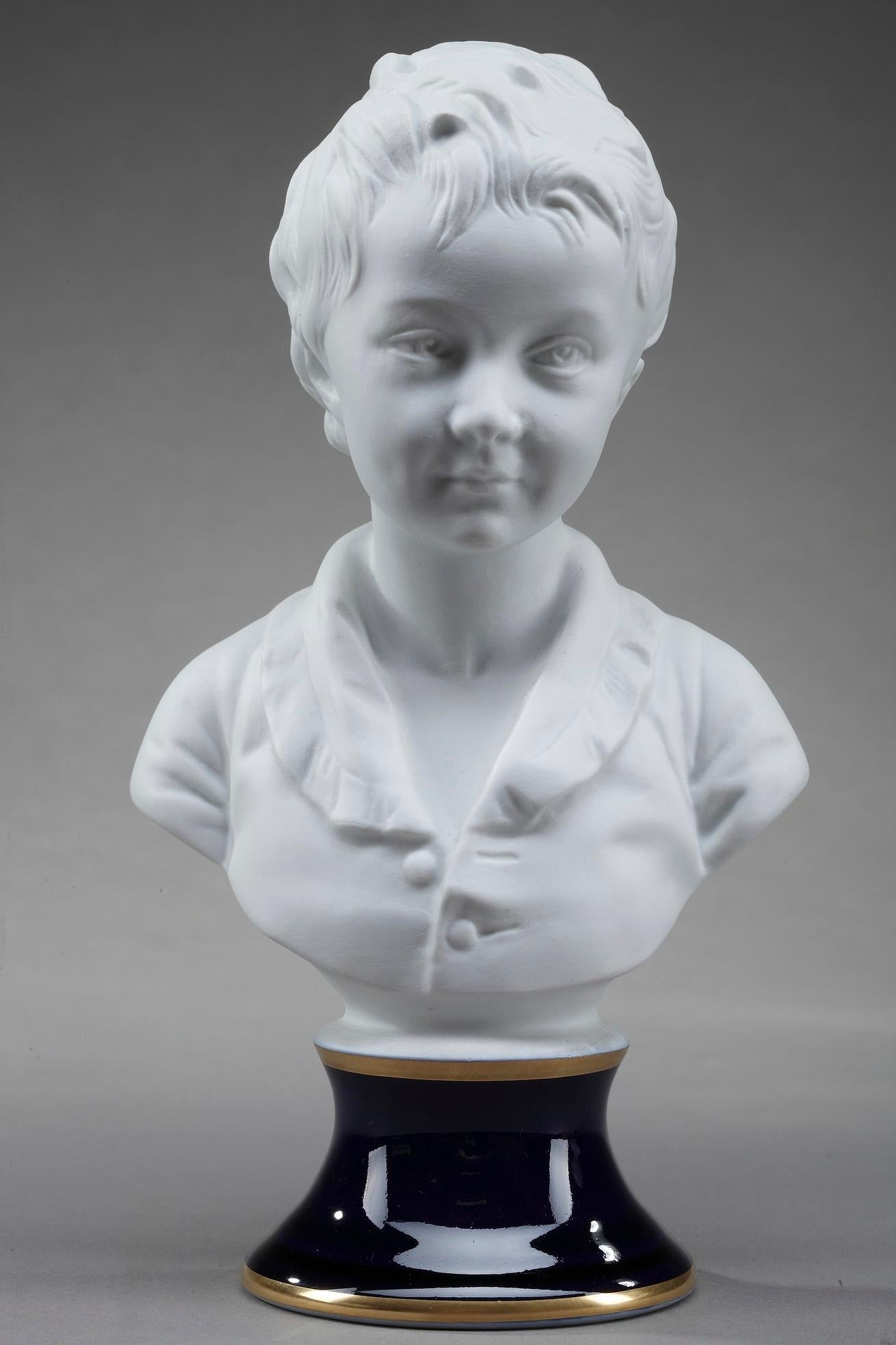 This pair of Limoges porcelain bisque busts featuring Brongniart children derives from a masterpiece of children's portraiture by Jean-Antoine Houdon (French, 1741-1828): the busts of Louise (1772-1845) and her brother Alexandre (1770-1847),