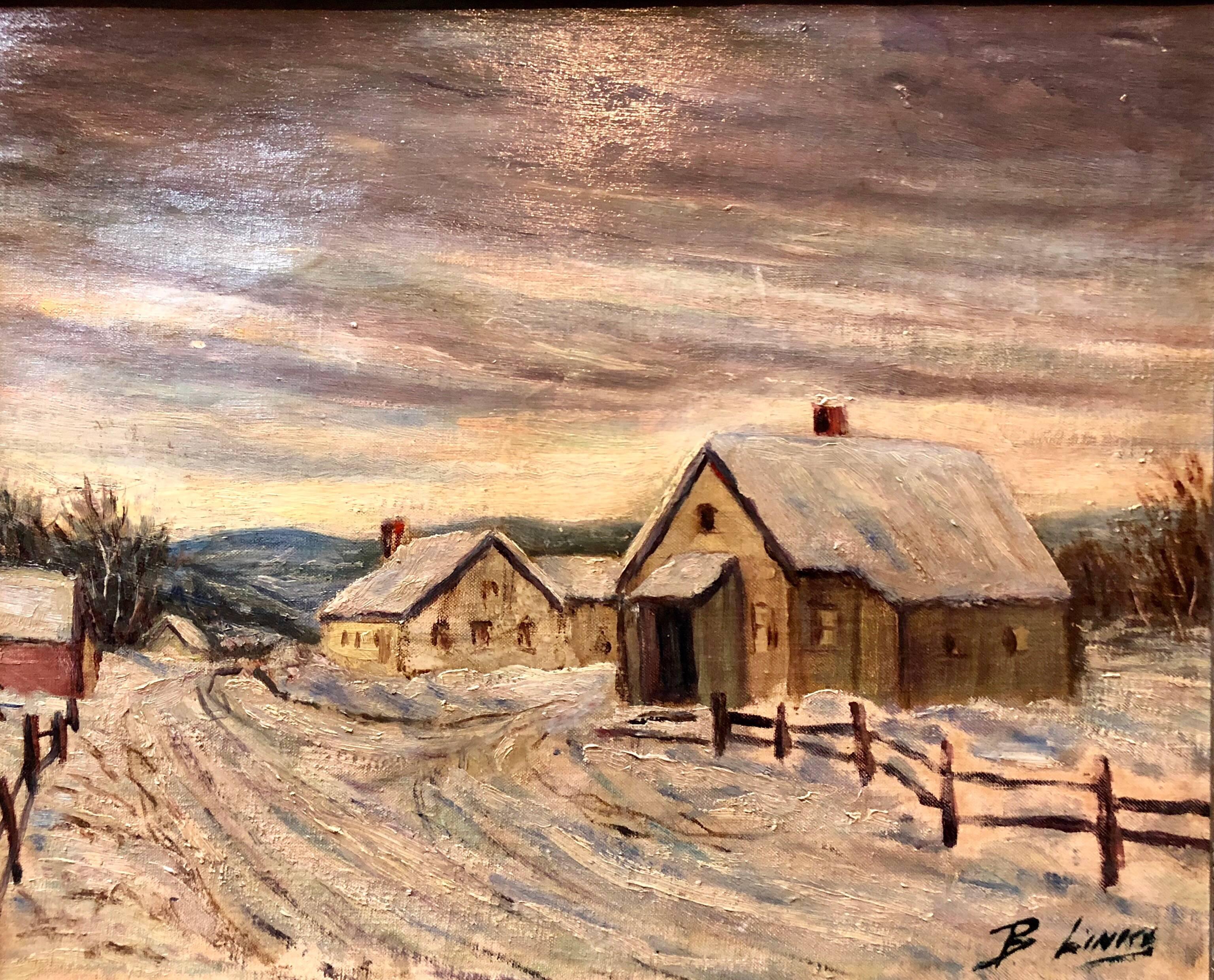 Bronislaw Linke Landscape Painting - Polish Modernist Village landscape in the Snow Oil Painting