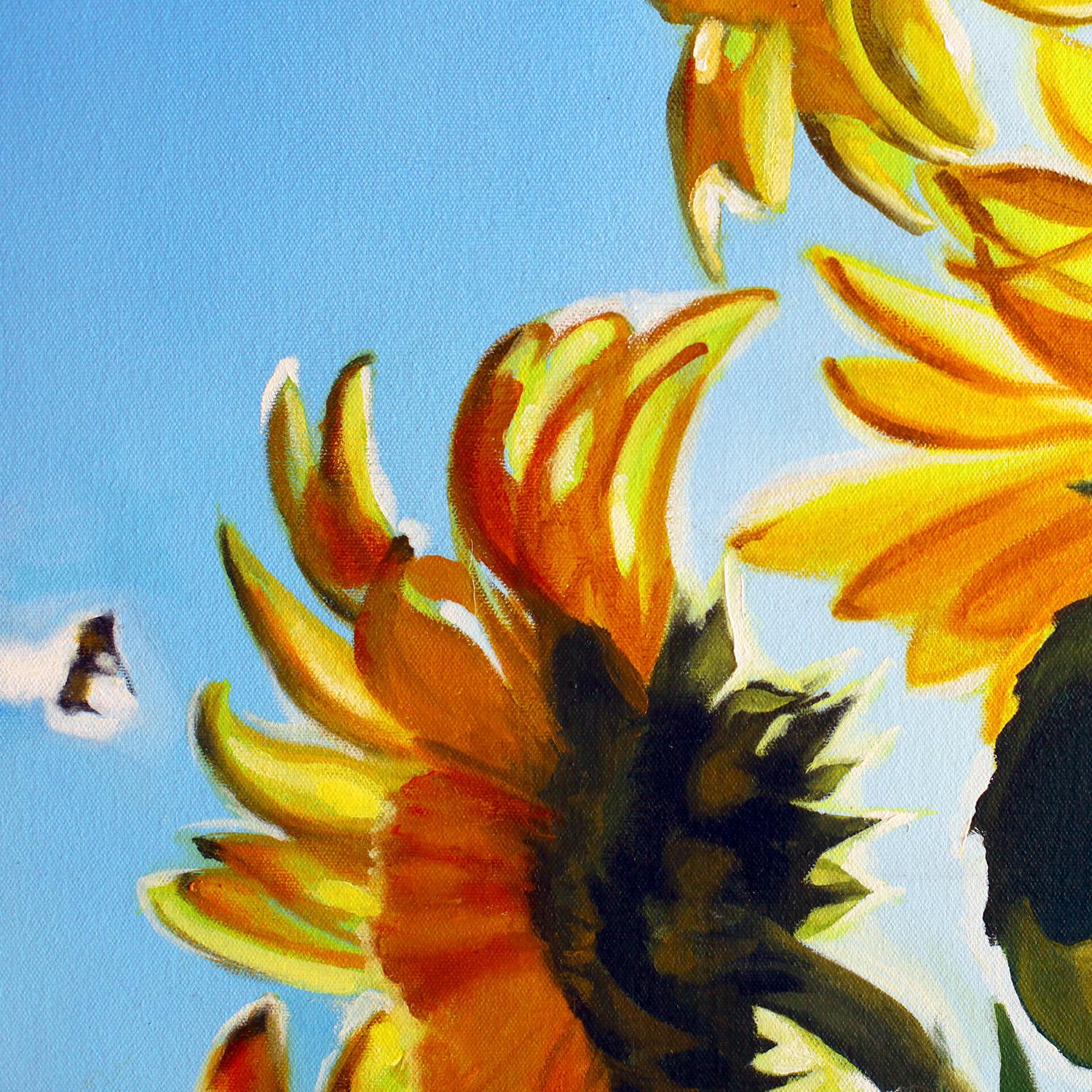 This is a one of a kind original painting by local San Diego artist, Bronle Crosby. Its dimensions are 48 x 48 x 2.75. It is unframed. 

This large scale oil on canvas painting depicts growing sunflowers. The artist uses precise details depicting