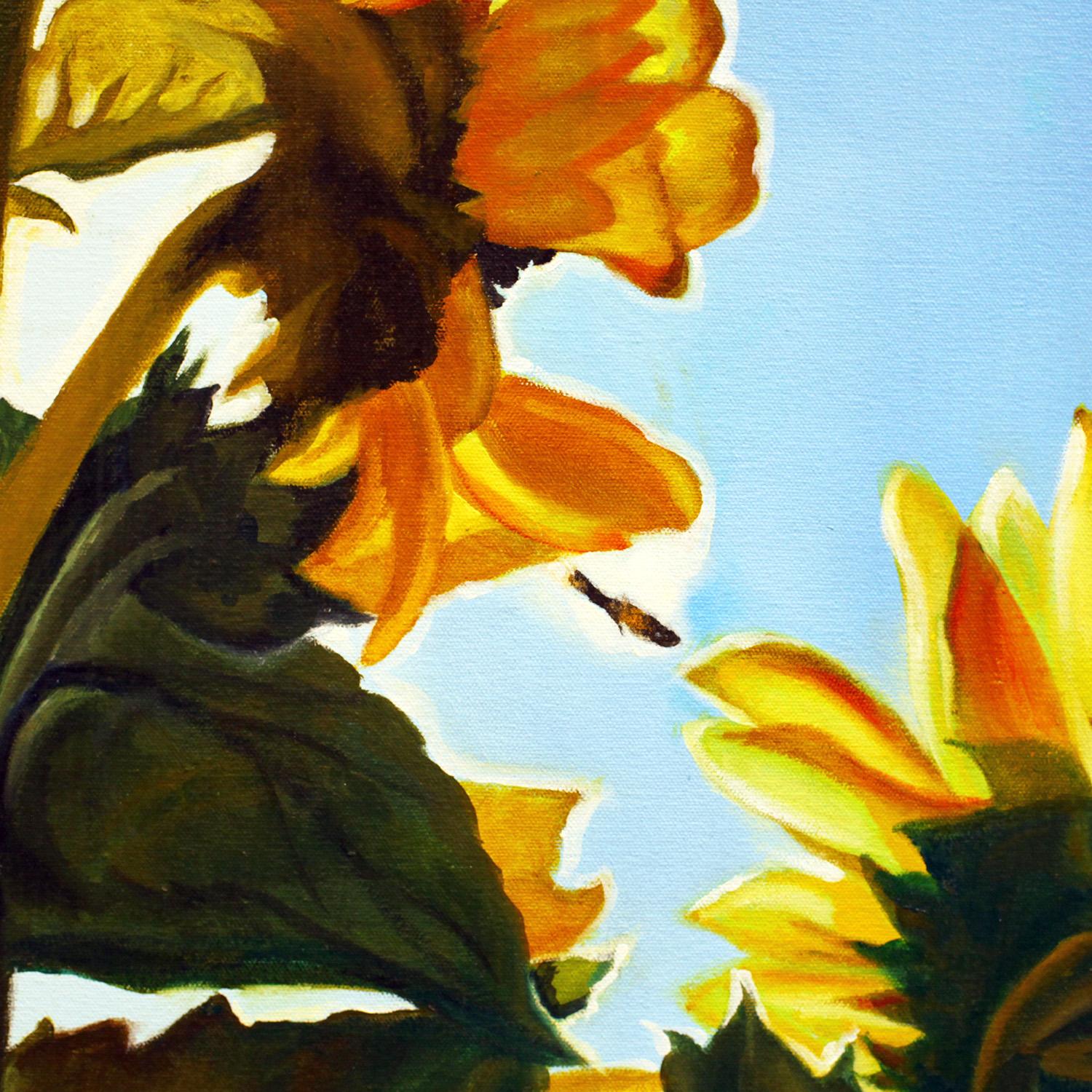 This is a one of a kind original painting by local San Diego artist, Bronle Crosby. Its dimensions are 48 x 48 x 2.75. It is unframed. 

This large scale oil on canvas painting depicts growing sunflowers. The artist uses precise details depicting