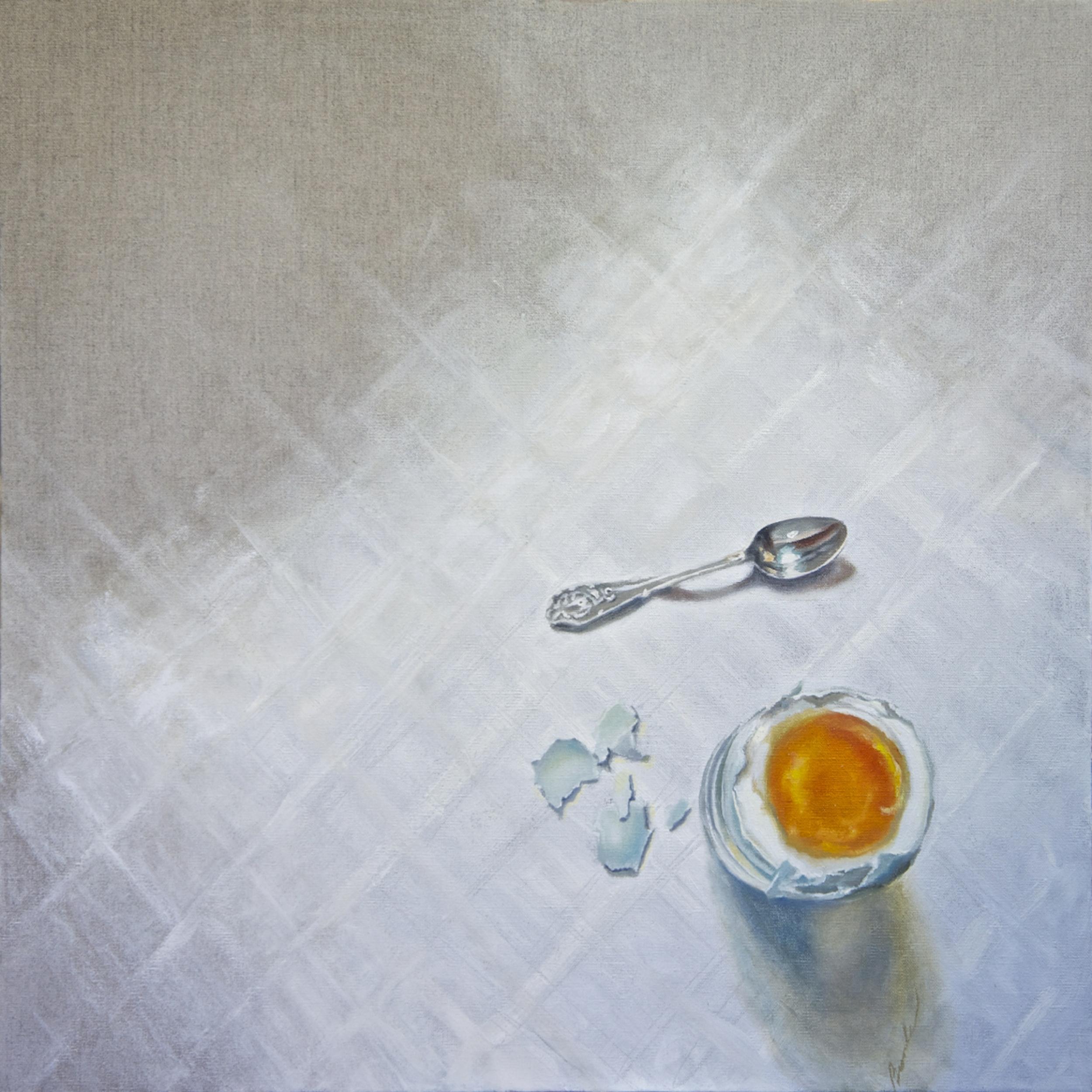 Soft-boiled blue Araucana chicken egg in a glass cup, cracked eggshell pieces below; an antique silver spoon next to it, all on a white windowpane cloth on natural linen background. :: Painting :: Realism :: This piece comes with an official