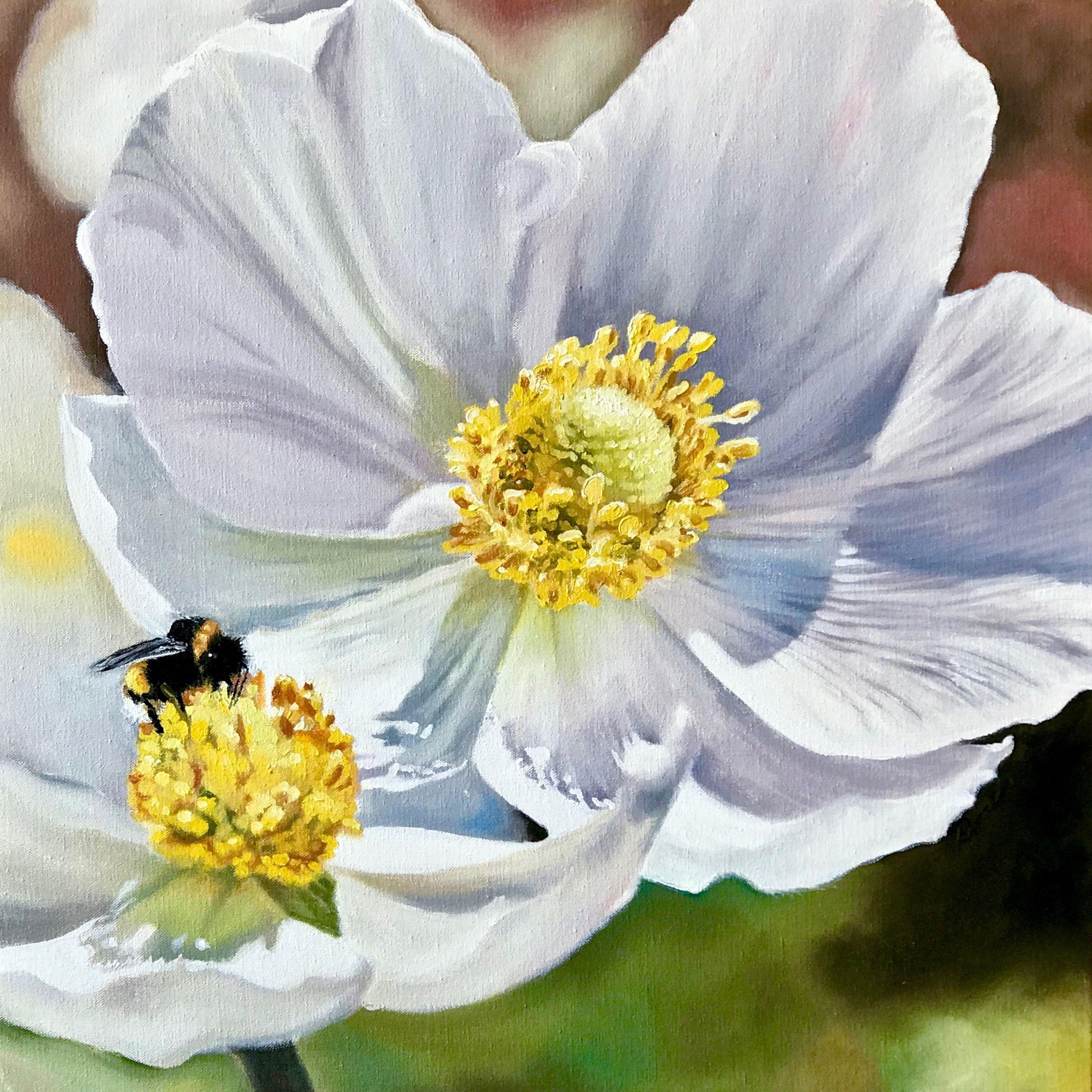 A bee pollinates  a field of white  Anemones. The bee's passionate urge to visit each flower, spread the seed, sip the nectar, be the movement a flower cannot do. Symbiosis, sex, and food. Irresistible.    :: Painting :: Realism :: This piece comes