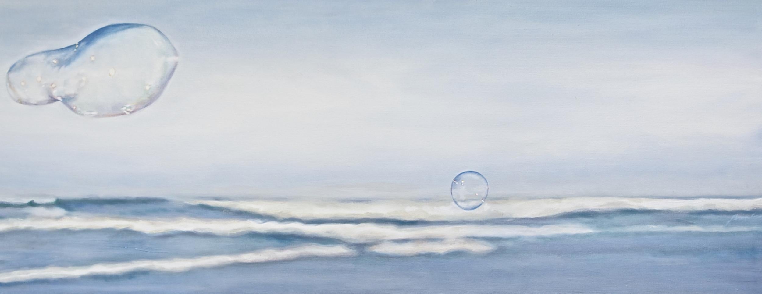 Soap bubbles blowing by, ocean waves and sand in the distance. Bubbles are foreground, sharp focus, soft multi-colored, and shaped by the breeze into non-circles. Blues, white, subtle many colors. :: Painting :: Realism :: This piece comes with an