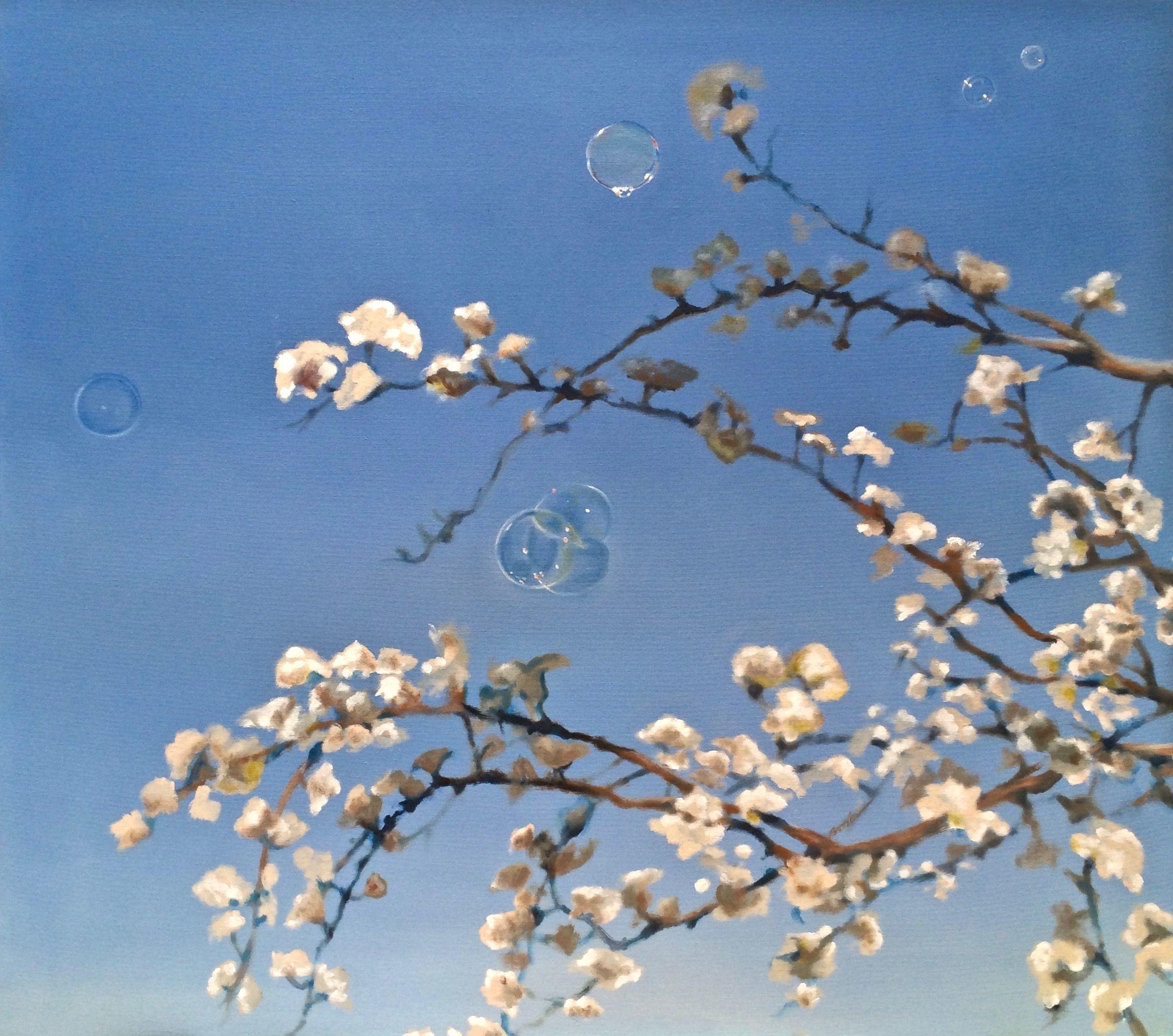 Soap bubbles floating through flowering pear tree branch against a blue sky. :: Painting :: Realism :: This piece comes with an official certificate of authenticity signed by the artist :: Ready to Hang: Yes :: Signed: Yes :: Signature Location: