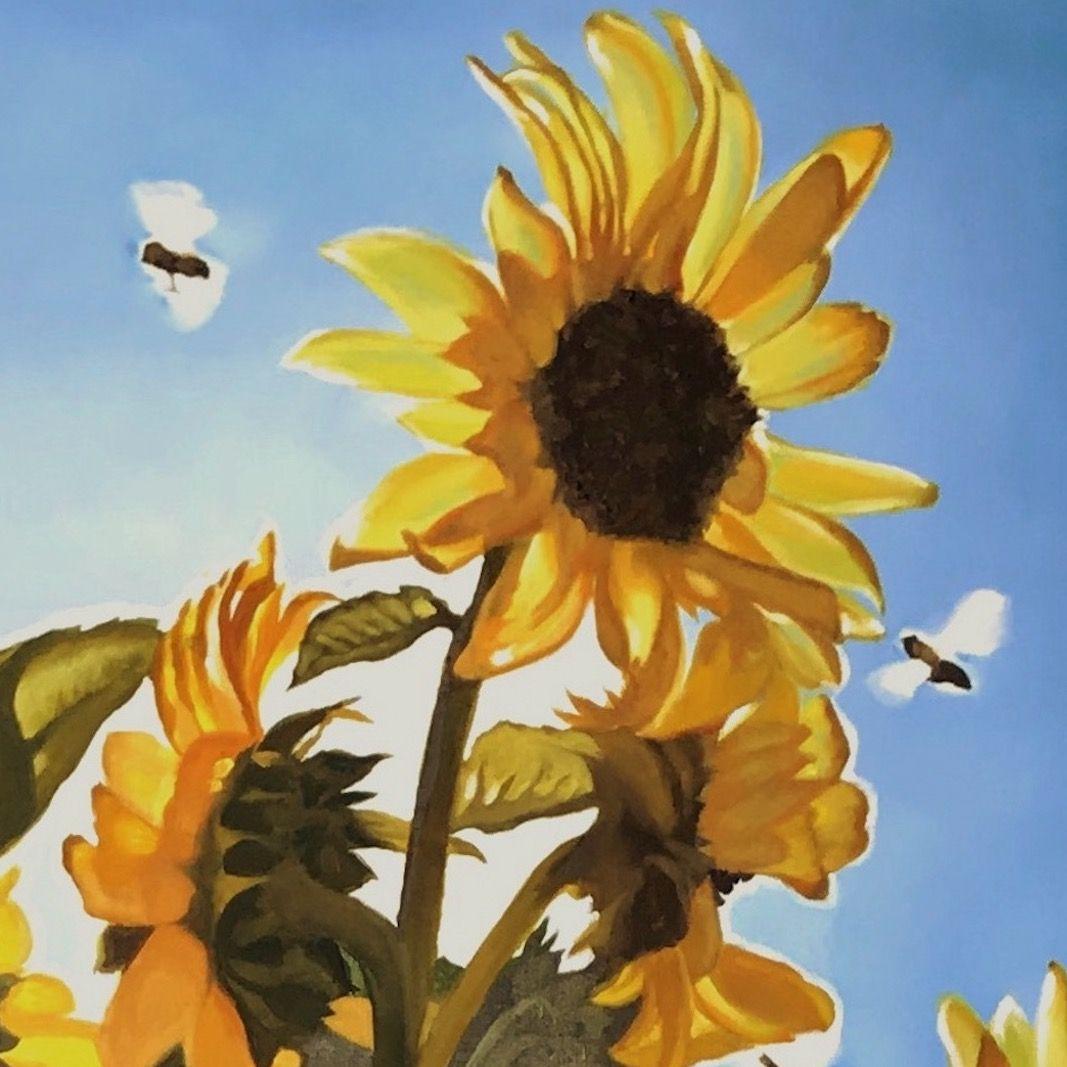 Lounging on a hot Summer day, looking up into a cluster of backlit sunflowers in a cloud of busy bees. :: Painting :: Realism :: This piece comes with an official certificate of authenticity signed by the artist :: Ready to Hang: Yes :: Signed: Yes