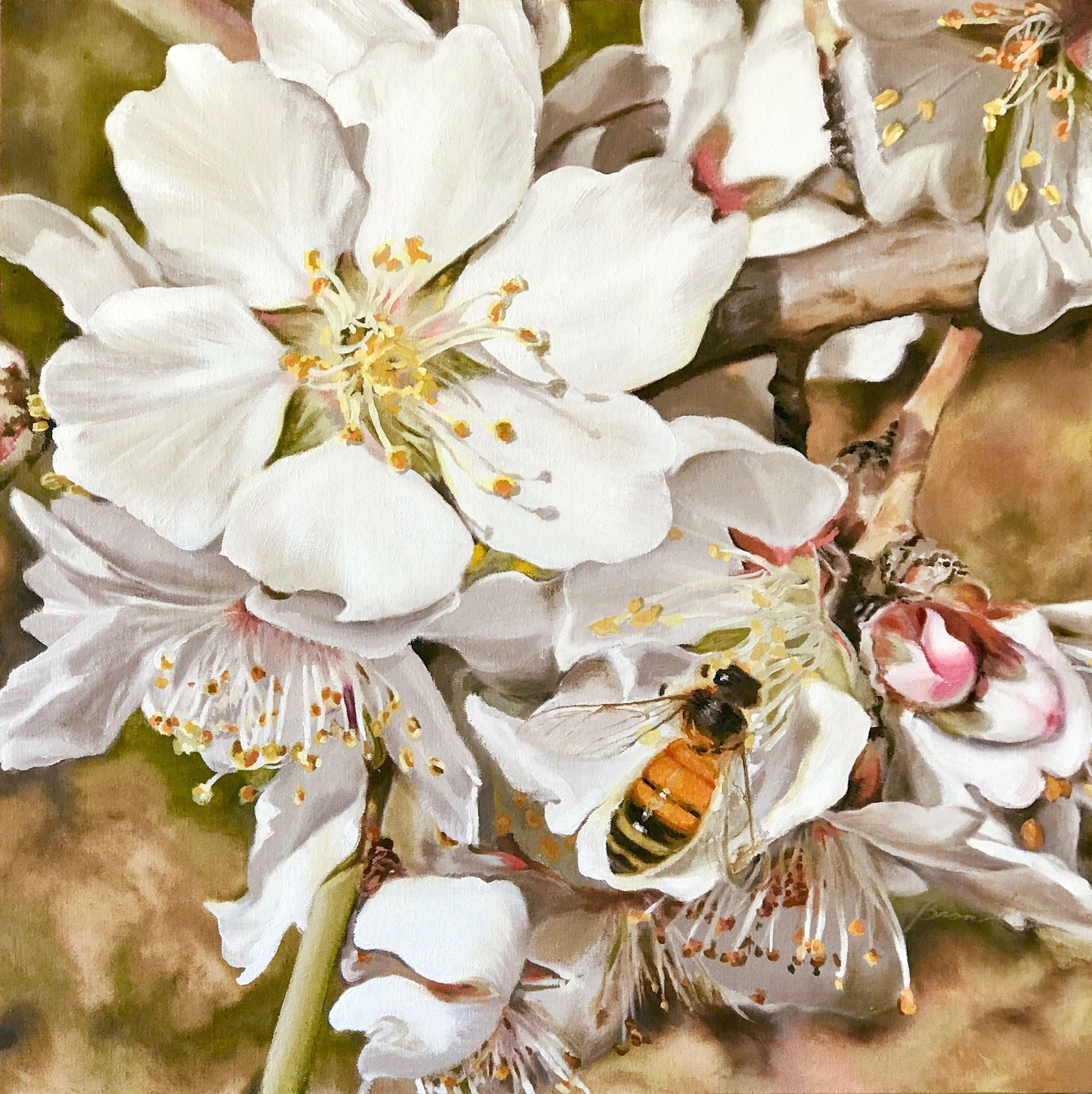 Almond blossoms receiving attention from an April bee, hoping, waiting, willing to become nuts. Procreation, love and sex: the most basic urges and fulfillment.    :: Painting :: Realism :: This piece comes with an official certificate of