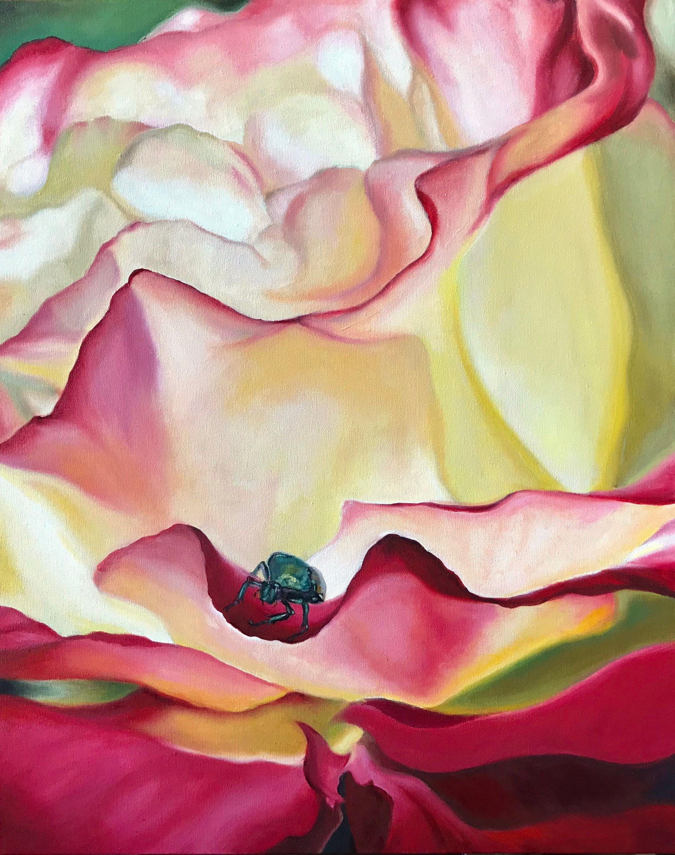 Pollinators Series: Red-edged cream rose seen on edge with a green iridescent Japanese beetle visitor ready to fly away. :: Painting :: Realism :: This piece comes with an official certificate of authenticity signed by the artist :: Ready to Hang: