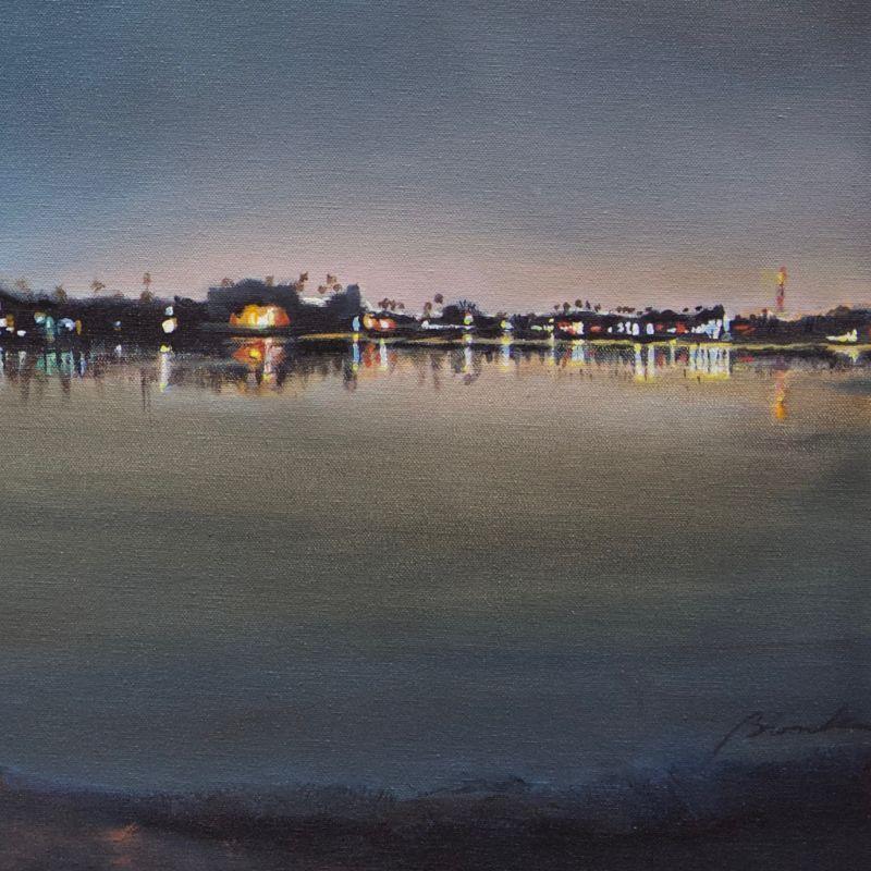 An inlet of San Diego Bay with lights reflected in it on a full moon night. Beach in the foreground, water mid-ground, land and lights and horizon in back ground. Night sky and full moon. :: Painting :: Realism :: This piece comes with an official