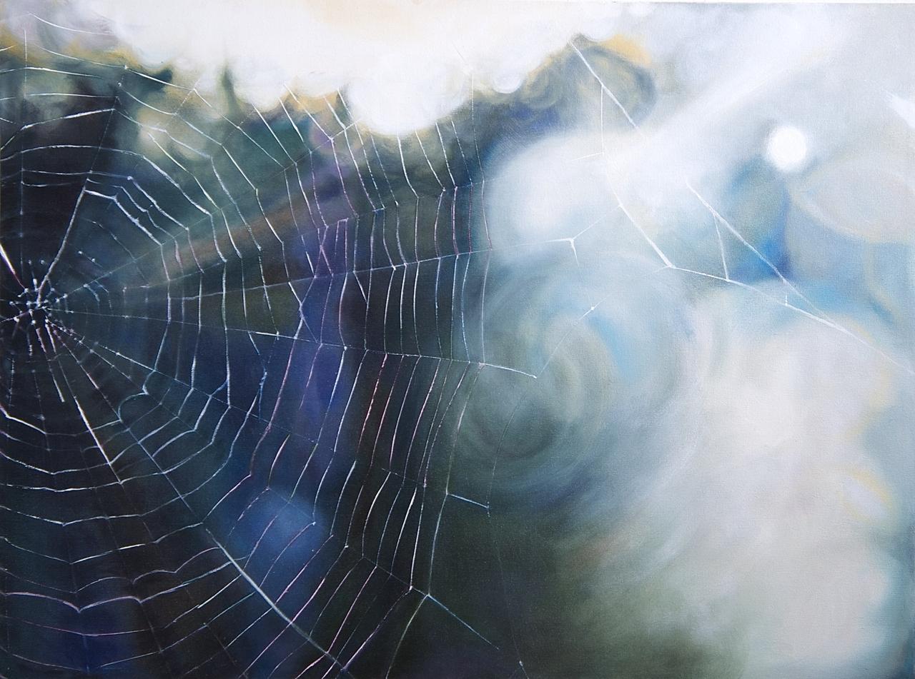 Looking into the sun, through a spider's web backlit, over the top of a hedge. Sunlight is diffused and bright light soft with focus on the strands of the web. Blues, greens, sunshine and shadow. :: Painting :: Realism :: This piece comes with an