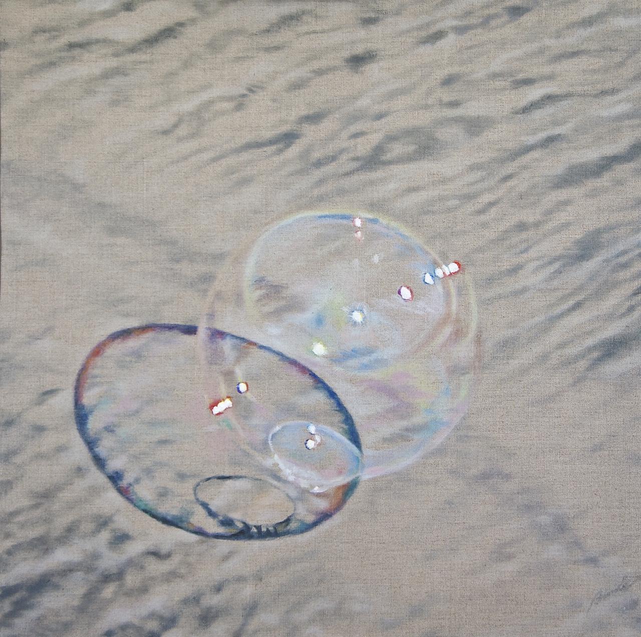 Oils on raw linen canvas. Large iridescent soap bubble bounce-landing on rippled beach sand, casting a colorful shadow. Subtle colors and taupe. :: Painting :: Realism :: This piece comes with an official certificate of authenticity signed by the