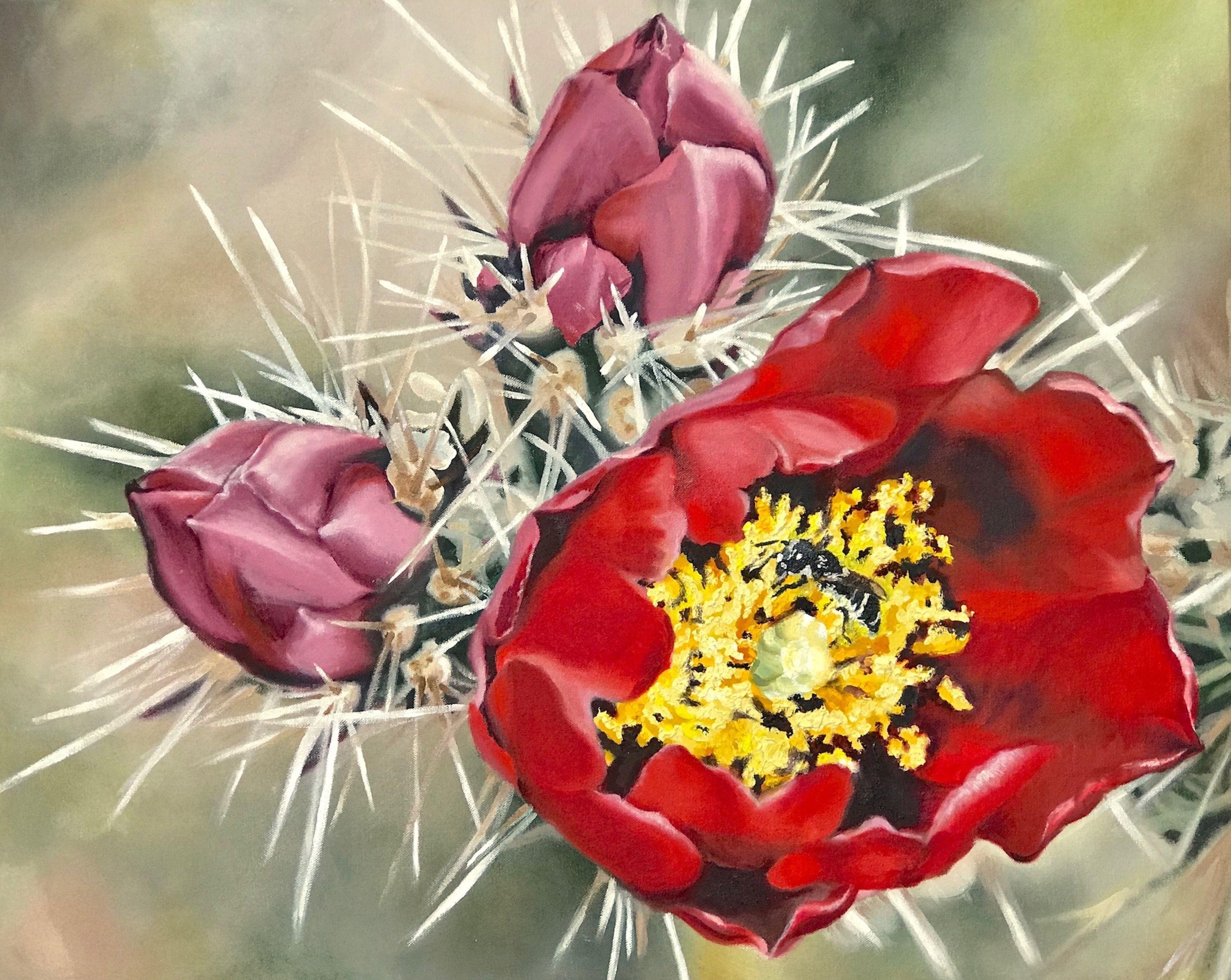 Cactus bee wallows in the heart of a scarlet cholla bloom. :: Painting :: Realism :: This piece comes with an official certificate of authenticity signed by the artist :: Ready to Hang: Yes :: Signed: Yes :: Signature Location: Partial on front and