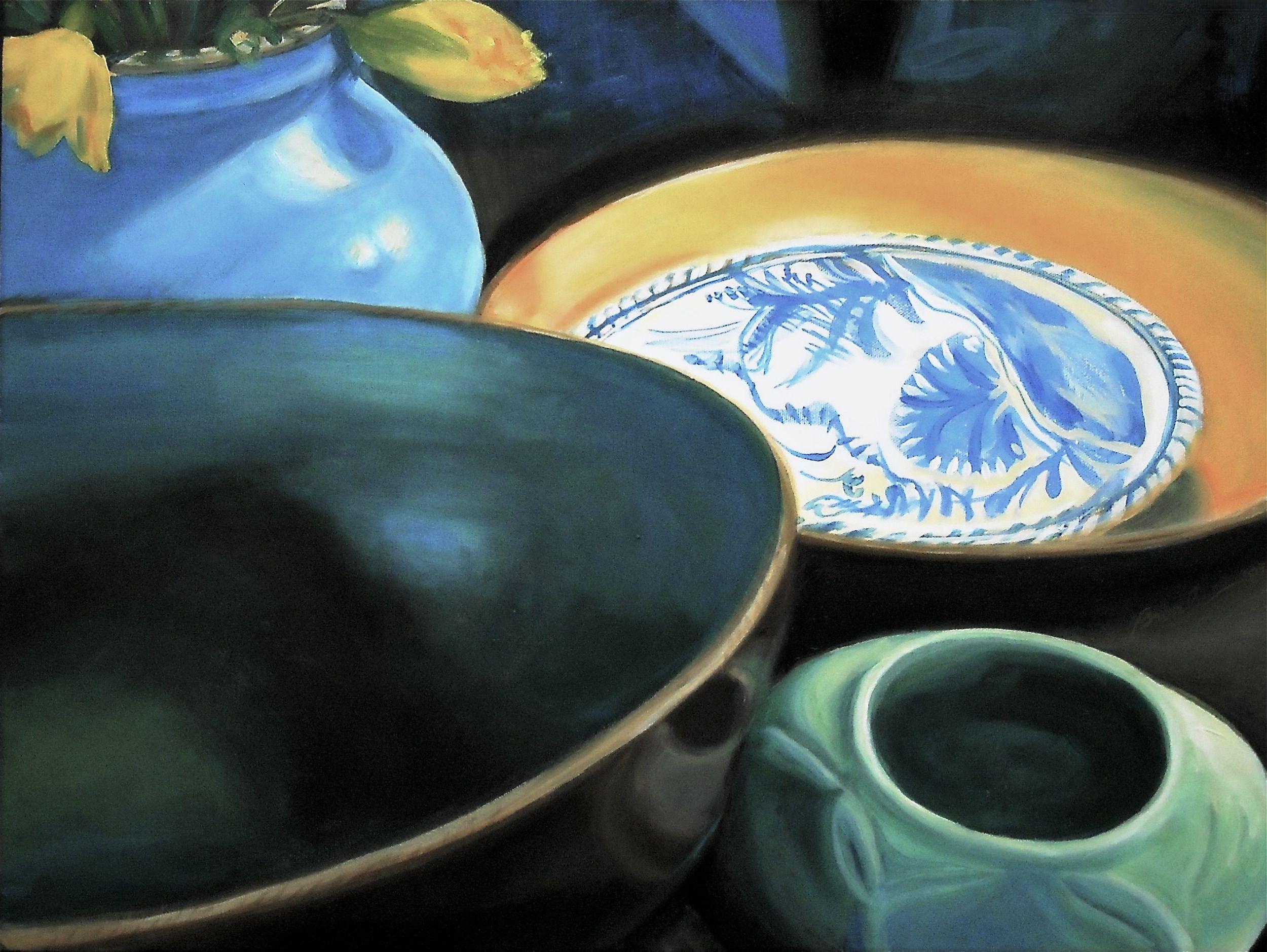 An assortment of stoneware vases, bowls, platters, and plates in blues, greens and yellows sit clustered, and viewed up close-- a macro view of the grouping.  :: Painting :: Realism :: This piece comes with an official certificate of authenticity
