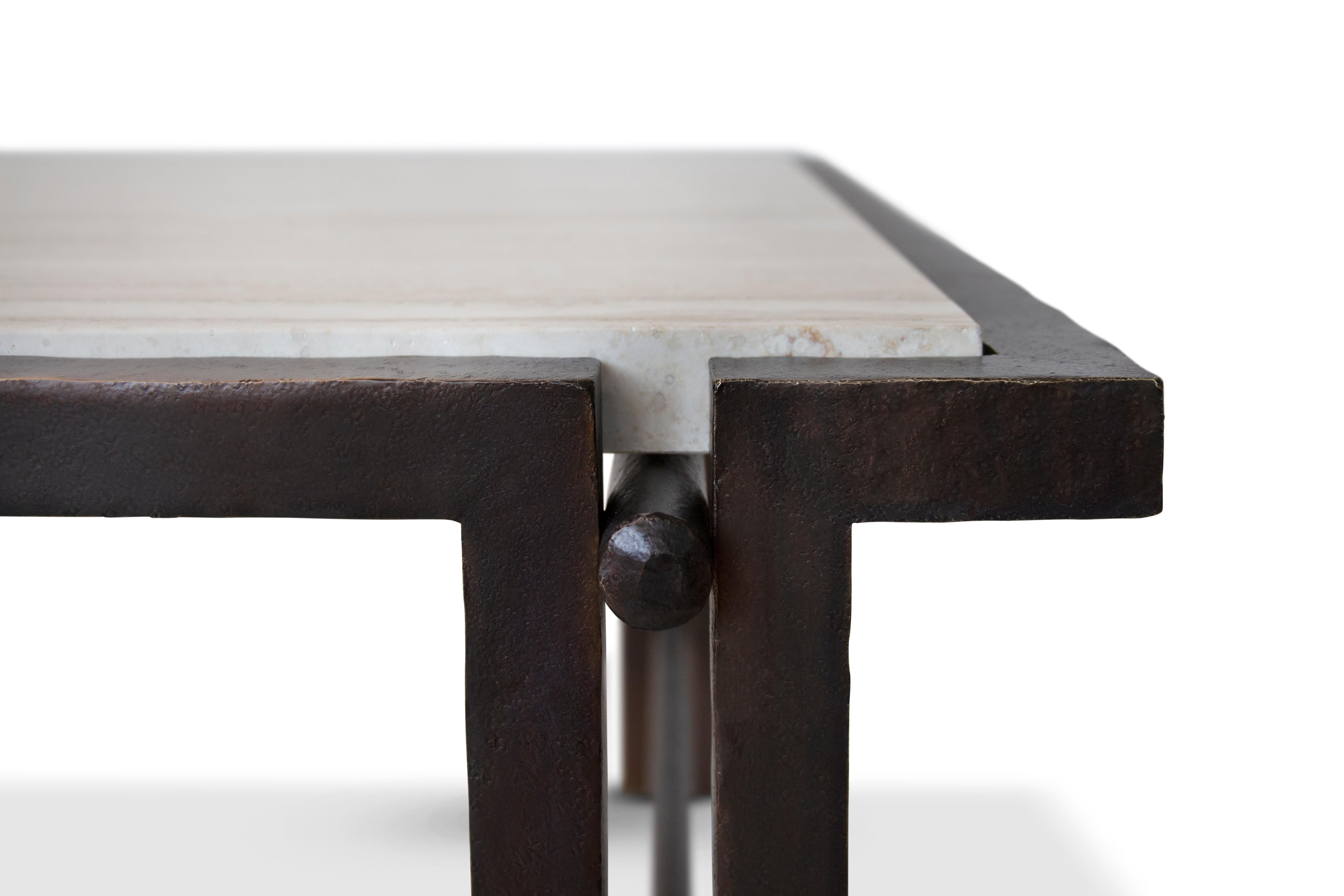 Modern Bronson Low Table in Chased Bronze & Travertine Novona  For Sale