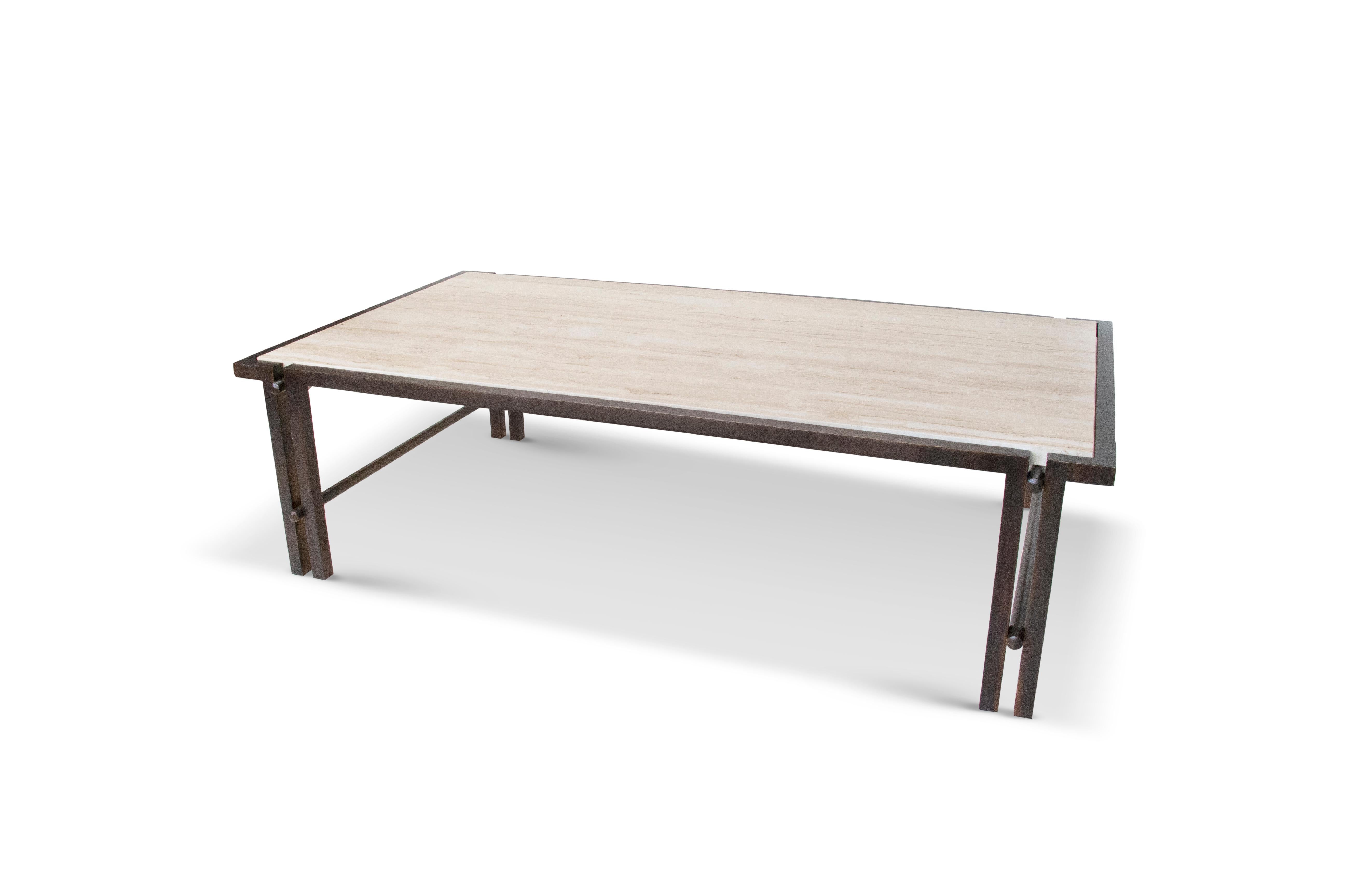American Bronson Low Table in Chased Bronze & Travertine Novona  For Sale