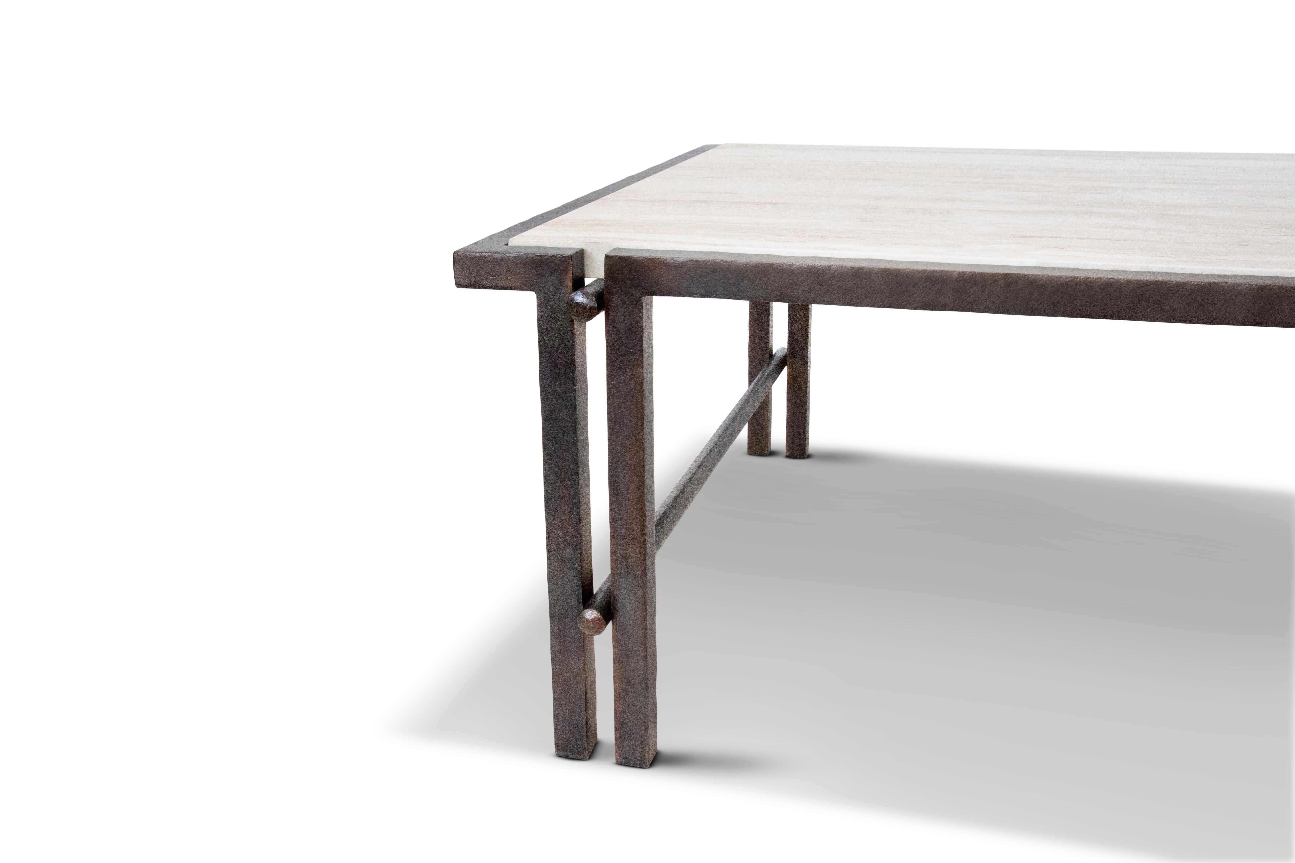 Embossed Bronson Low Table in Chased Bronze & Travertine Novona  For Sale