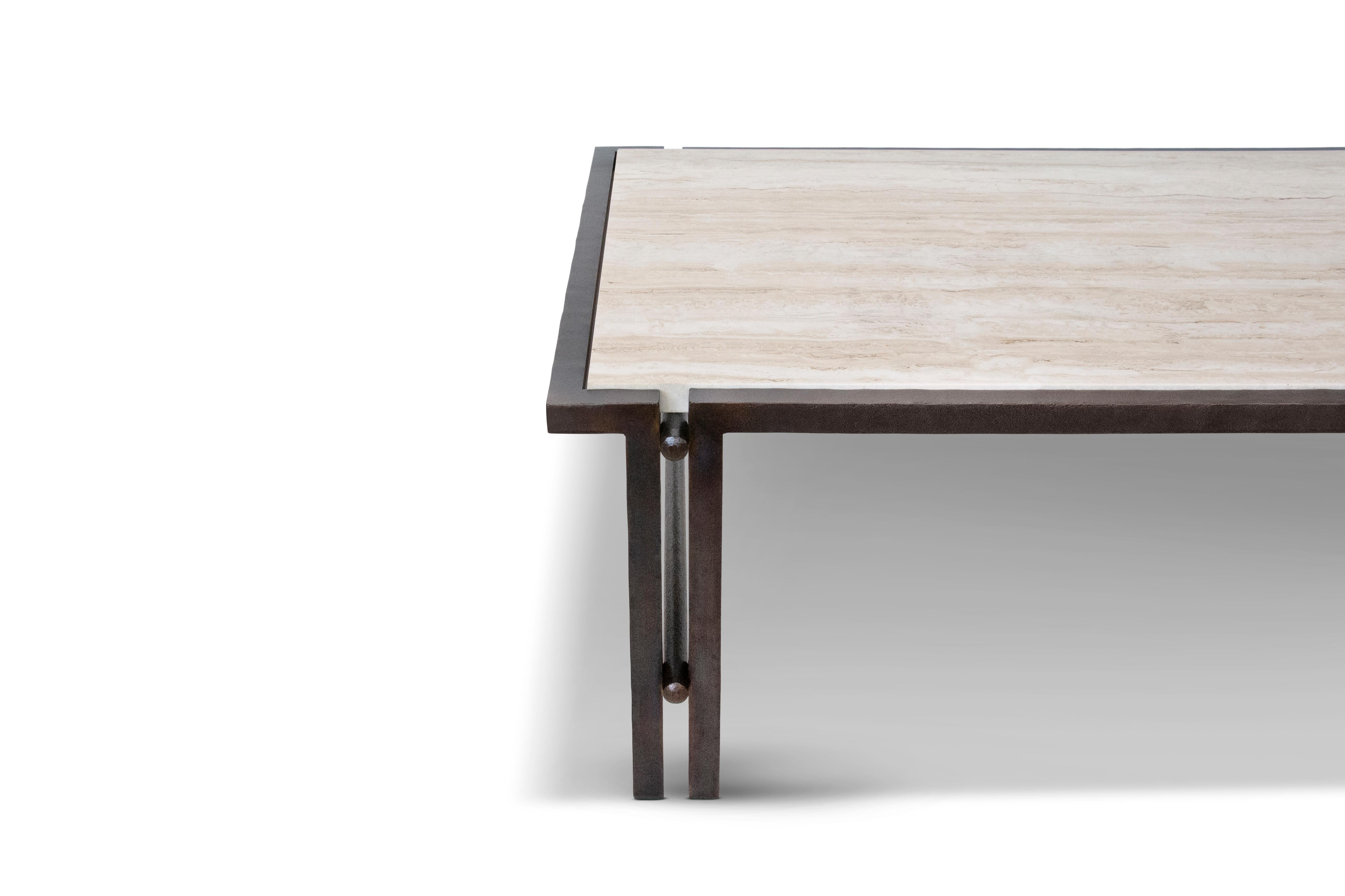 Bronson Low Table in Chased Bronze & Travertine Novona  In New Condition For Sale In Brooklyn, NY