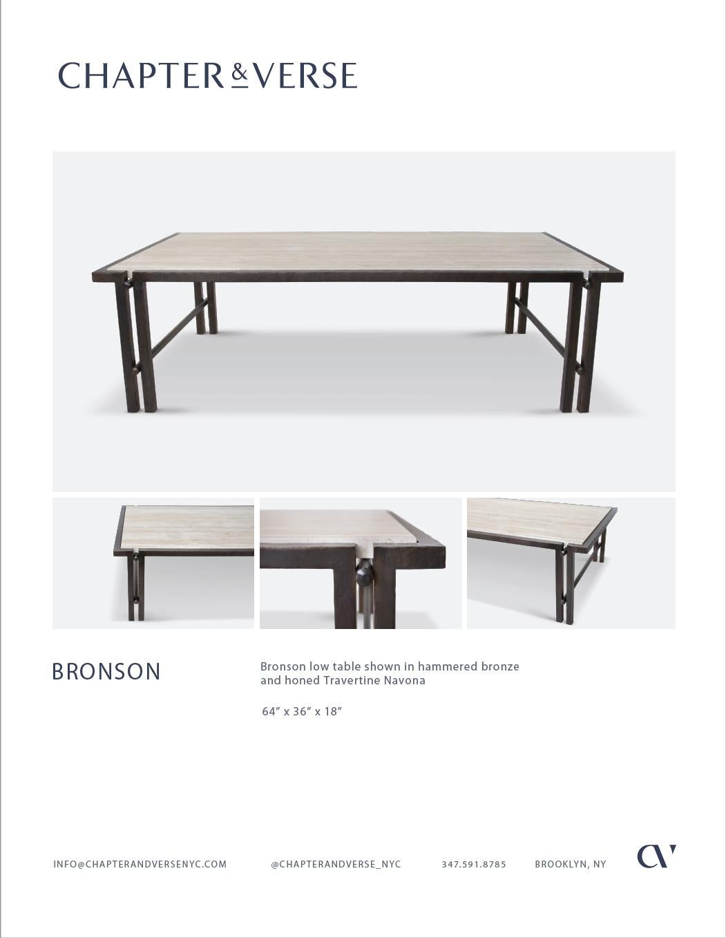 Contemporary Bronson Low Table in Chased Bronze & Travertine Novona  For Sale