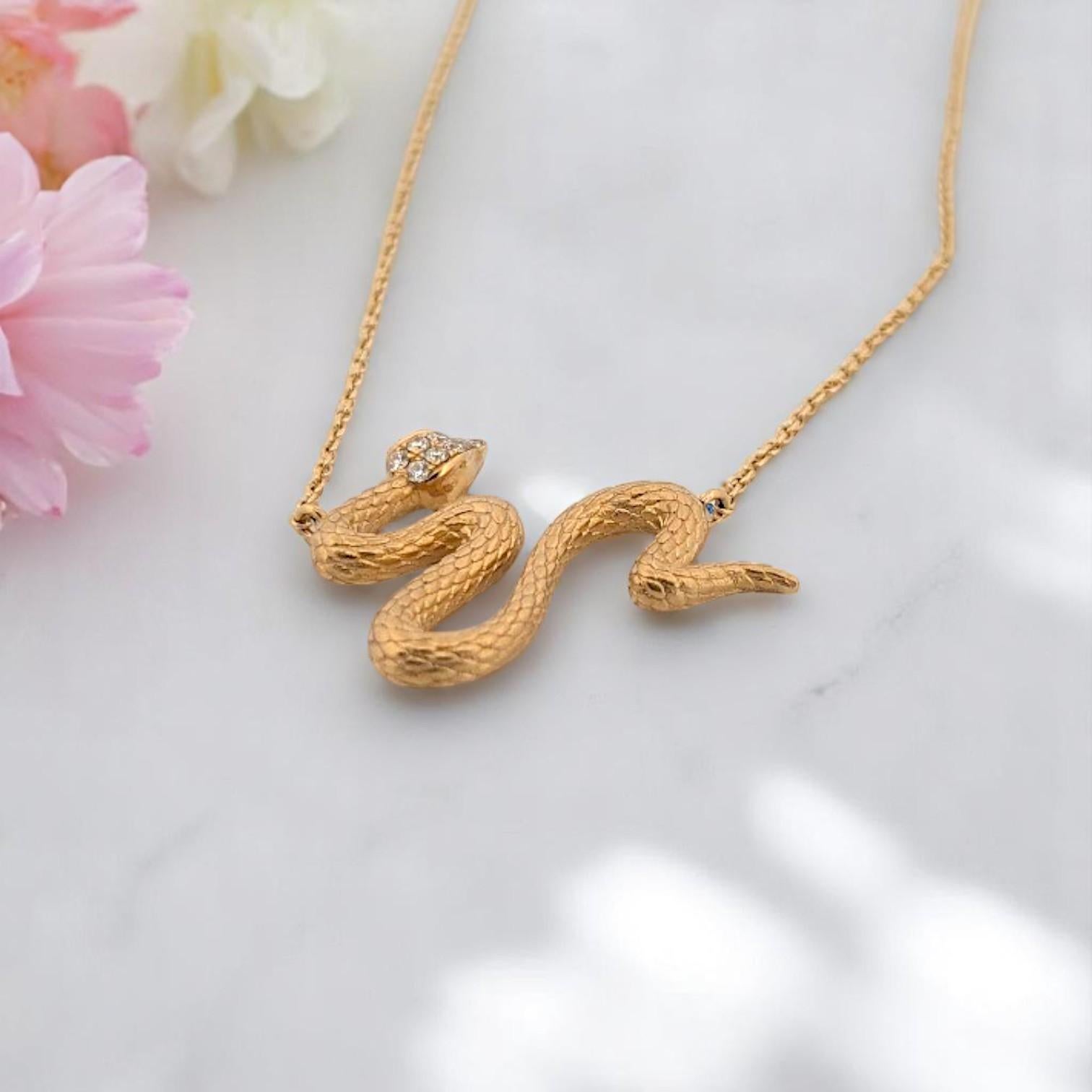 Bead Bronte 18k Gold Snake Necklace – 0.07ct Diamond-Accented Serpent Pendant For Sale