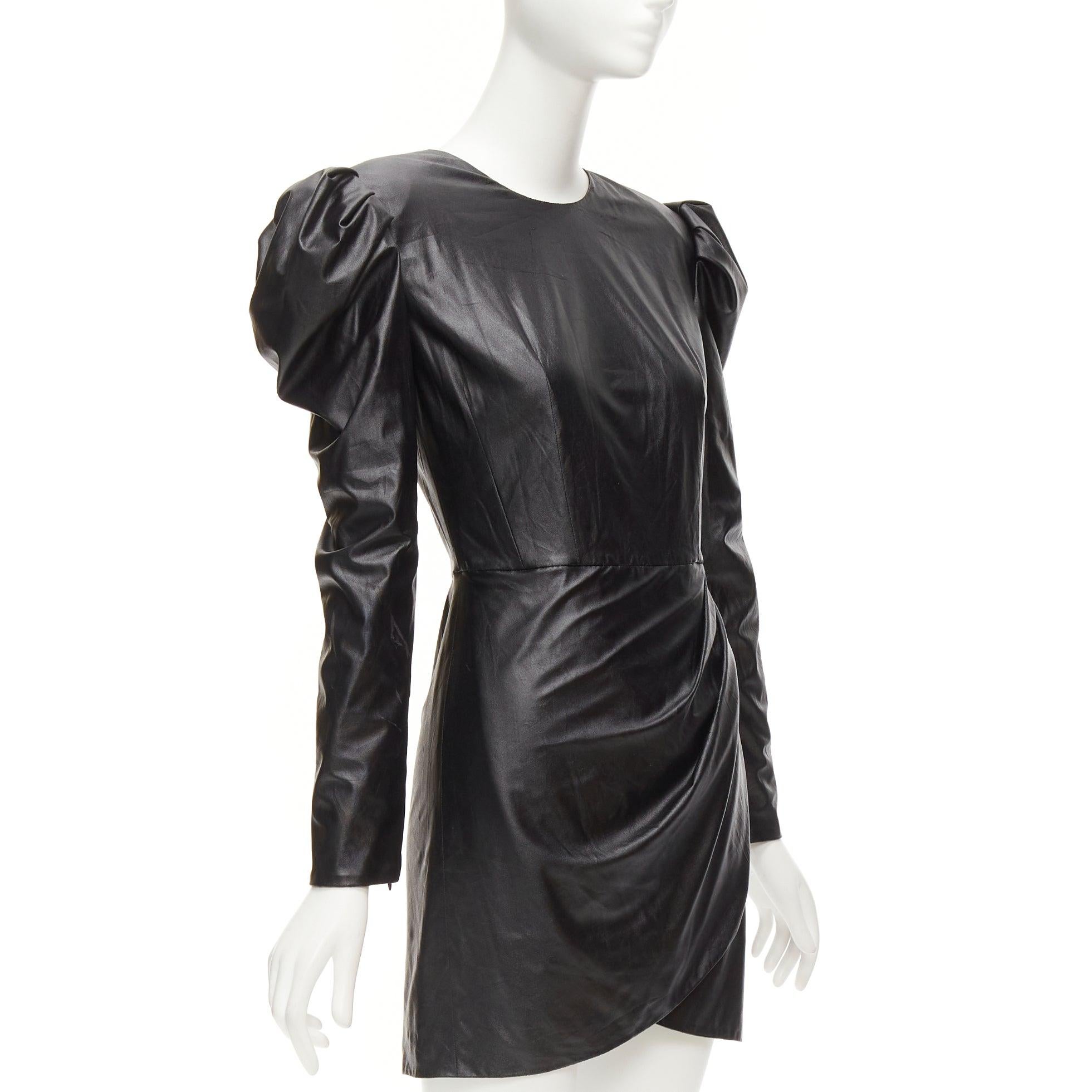 Noir BRONX & BANCO noir tissu enduit jupe drapée épaule bouffante mini robe XS en vente