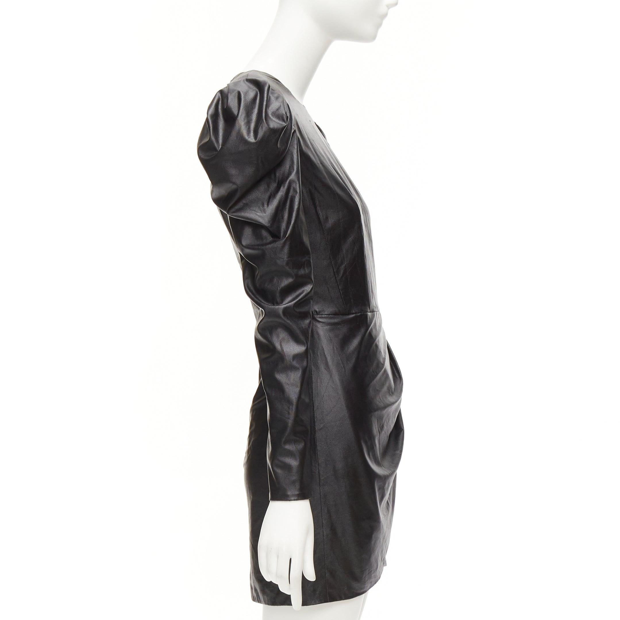 Women's BRONX & BANCO black coated fabric puff shoulder drape skirt mini dress XS For Sale