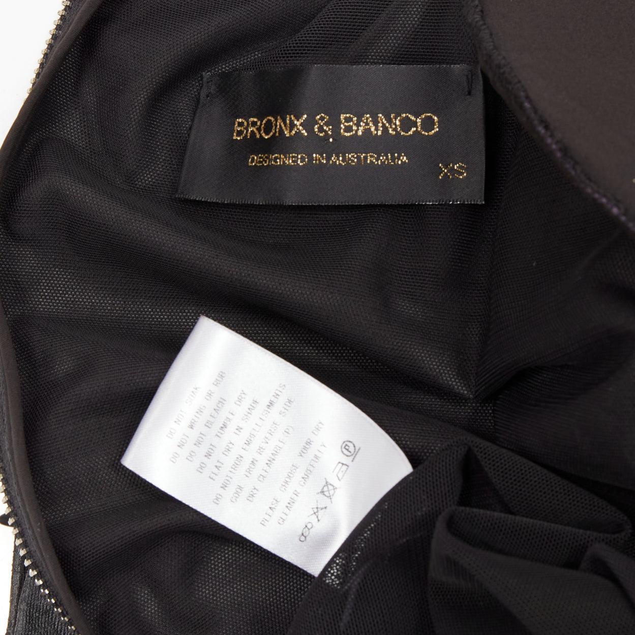 BRONX & BANCO black coated fabric puff shoulder drape skirt mini dress XS For Sale 4