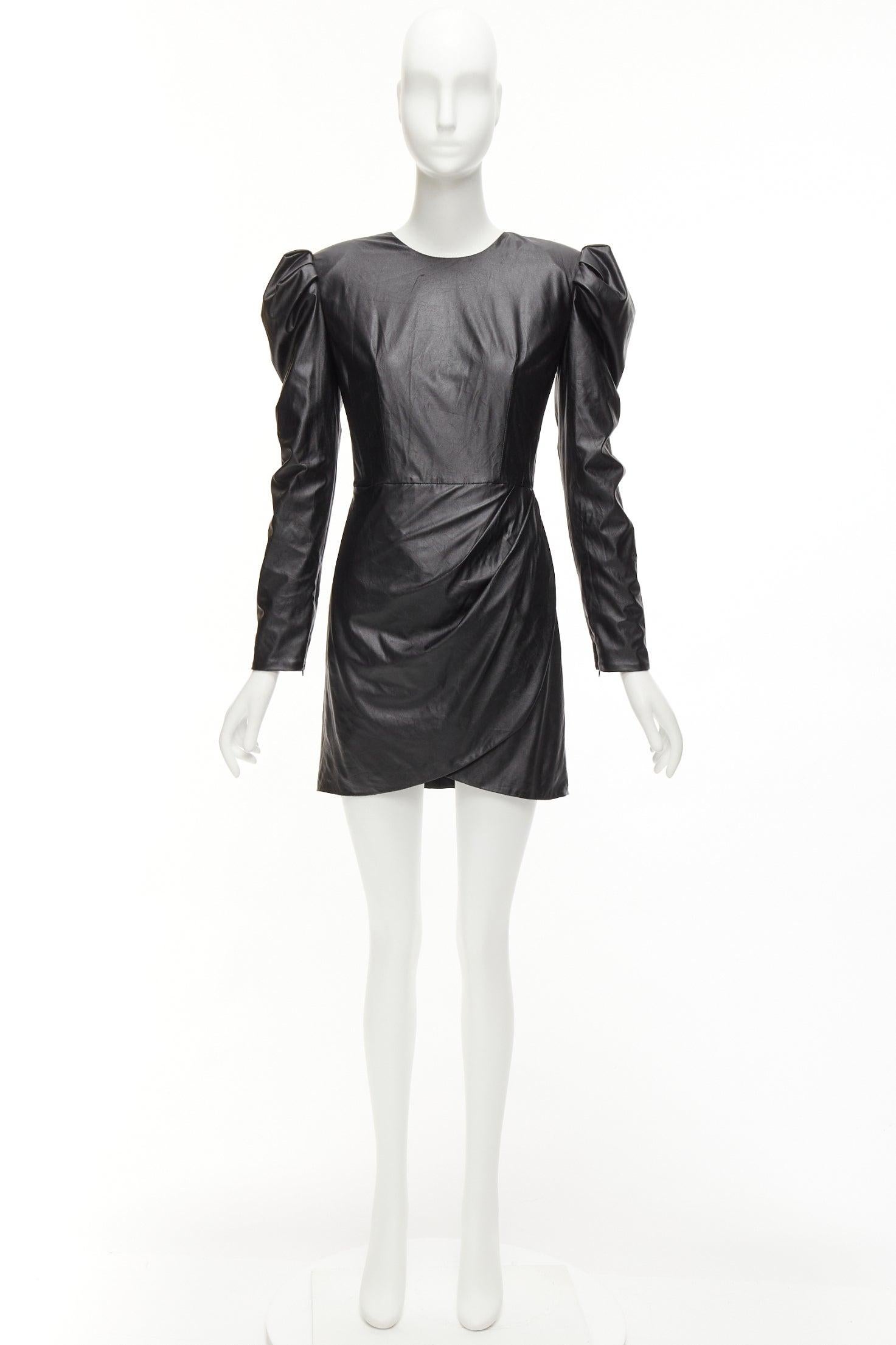 BRONX & BANCO noir tissu enduit jupe drapée épaule bouffante mini robe XS en vente 4