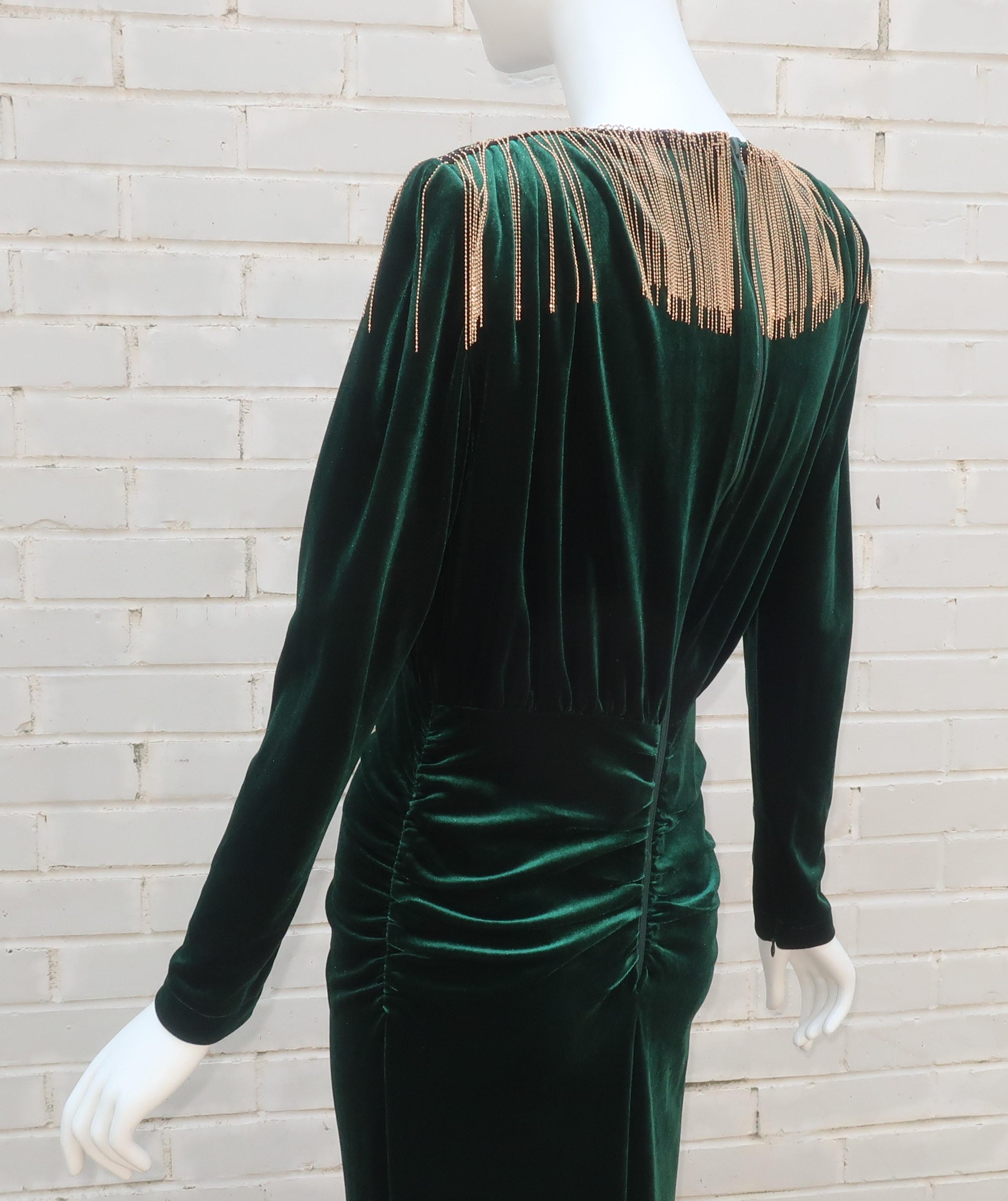 Bronx & Banco Emerald Green Velvet Evening Dress With Gold Bead Fringe 4