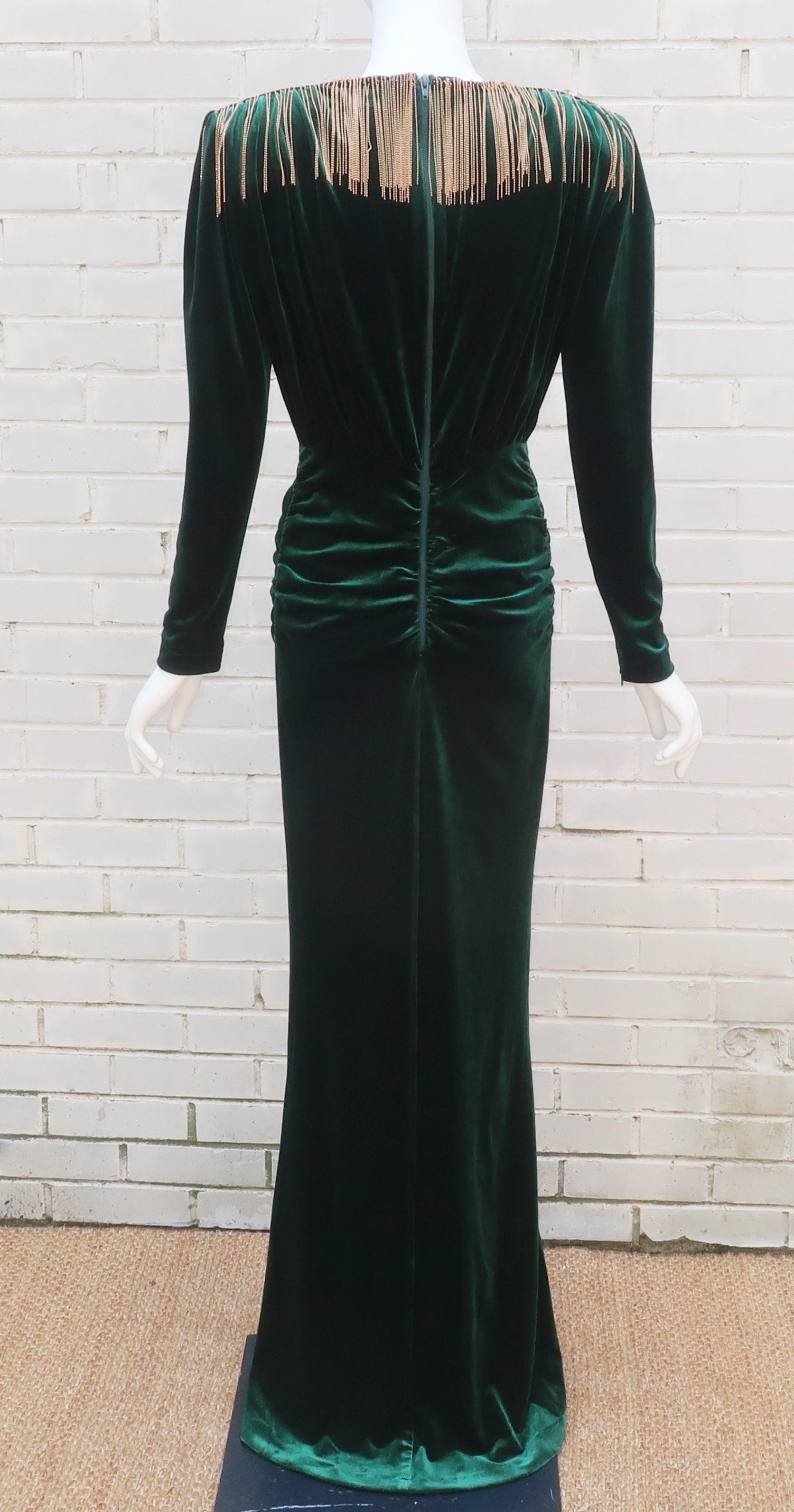 Bronx & Banco Emerald Green Velvet Evening Dress With Gold Bead Fringe 6