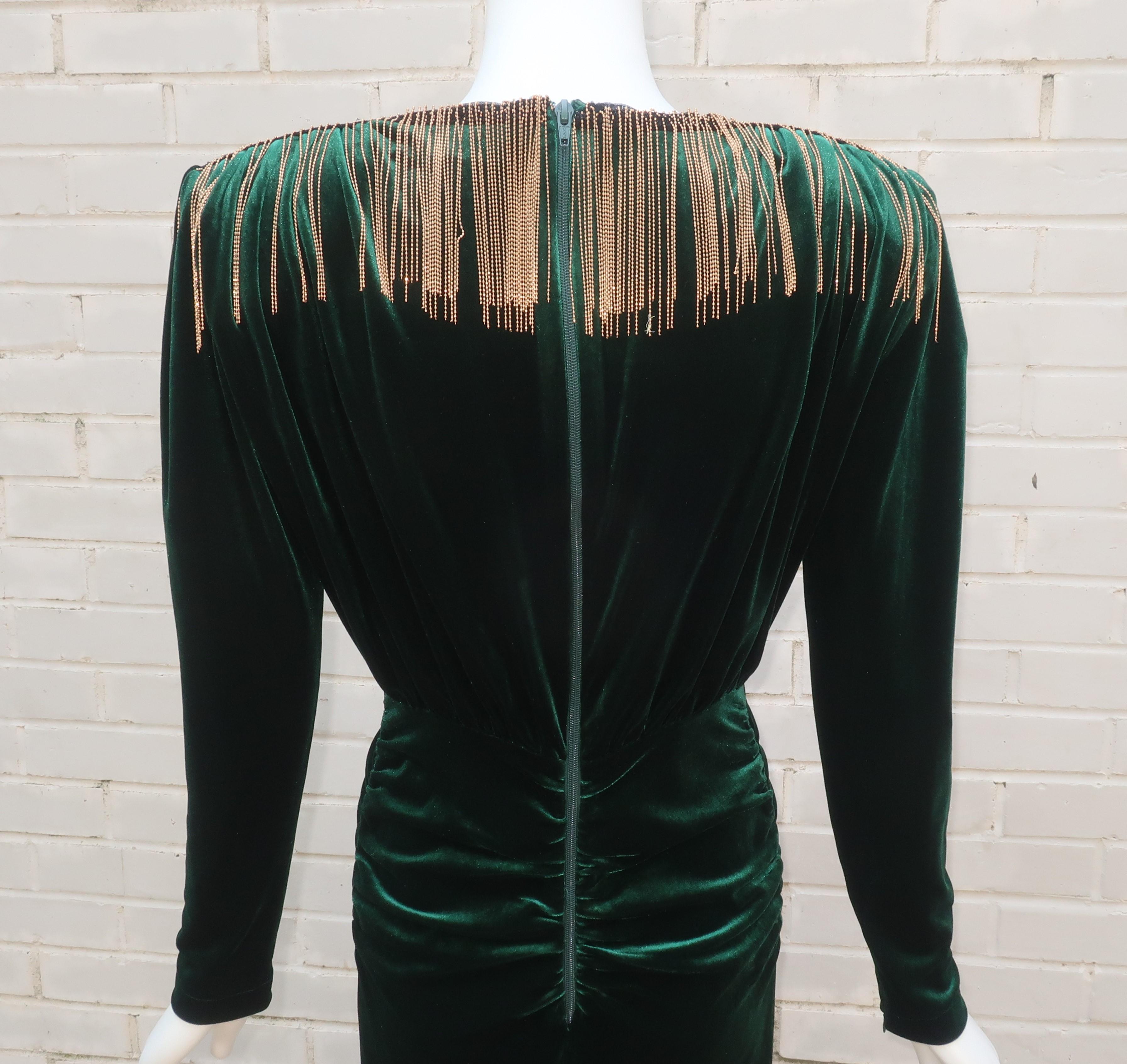 Bronx & Banco Emerald Green Velvet Evening Dress With Gold Bead Fringe 7