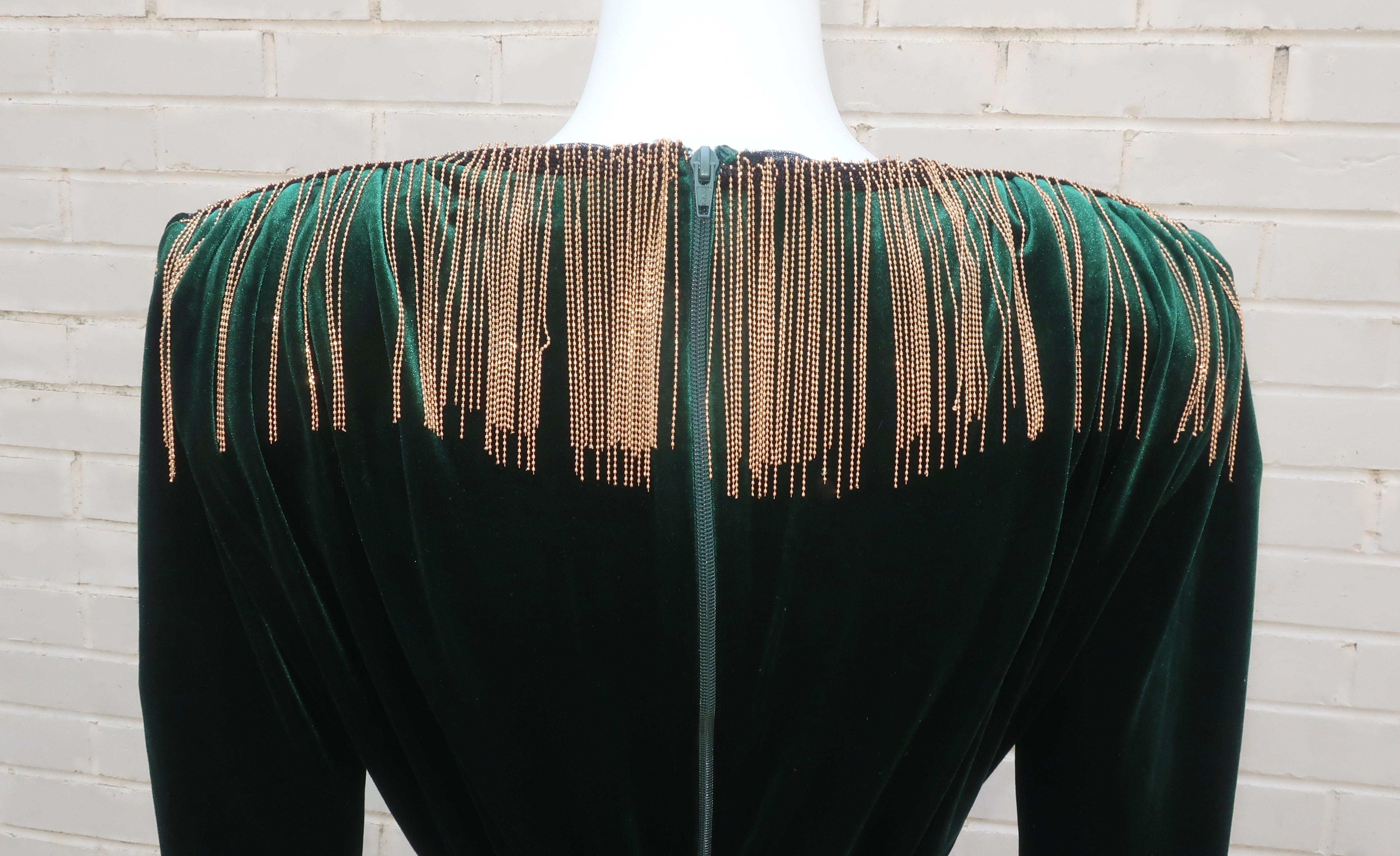 Bronx & Banco Emerald Green Velvet Evening Dress With Gold Bead Fringe 8