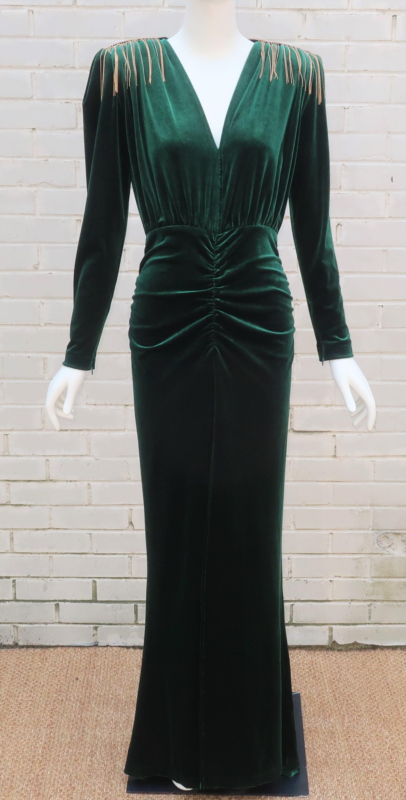 The Australian label, Bronx & Banco, channels an ultra glamorous Old Hollywood look with this dark green velvet maxi dress embellished with gold micro bead fringe at the shoulders.  The lush velvet fabric is a blend of viscose, silk and nylon which