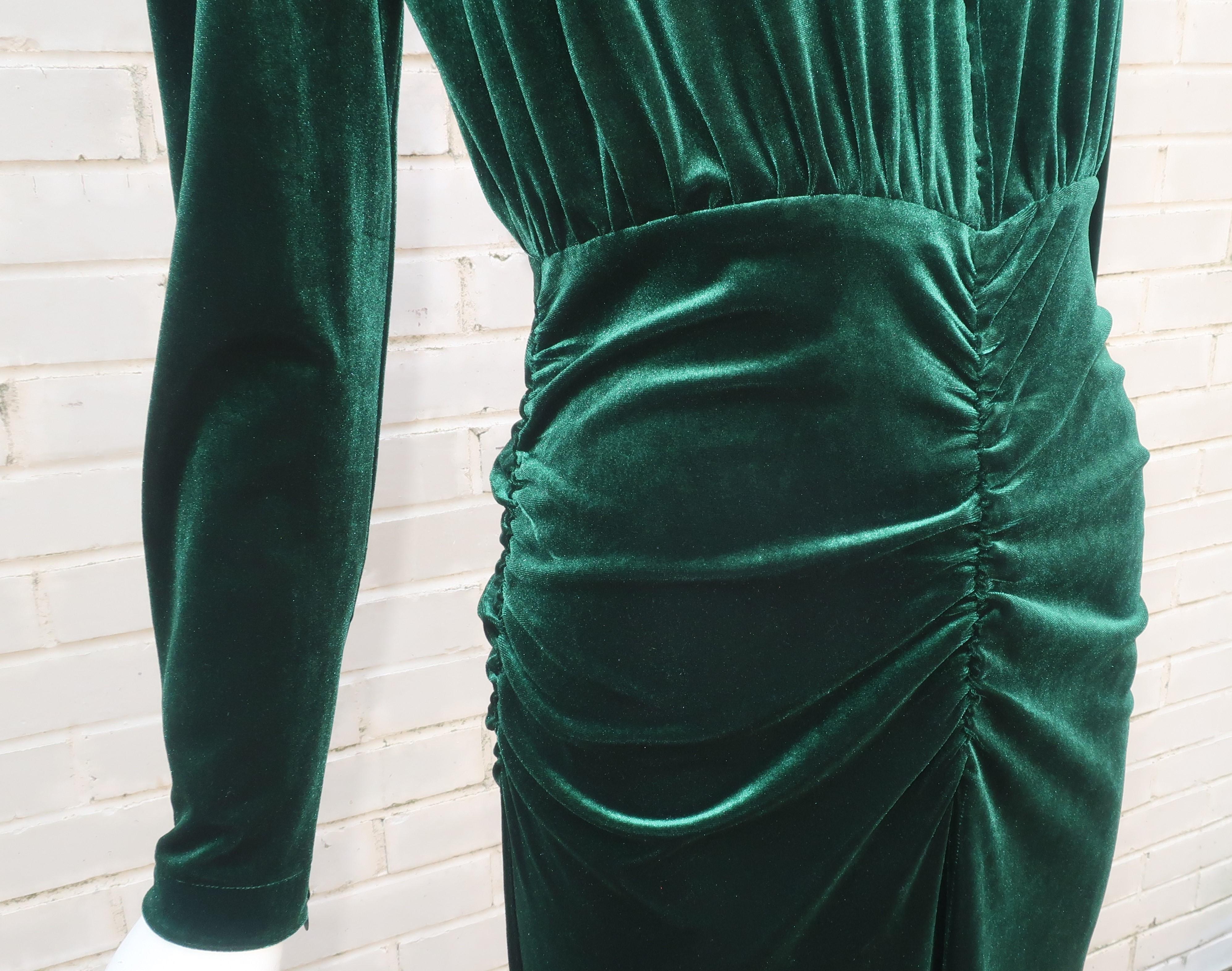 Bronx & Banco Emerald Green Velvet Evening Dress With Gold Bead Fringe In Good Condition In Atlanta, GA