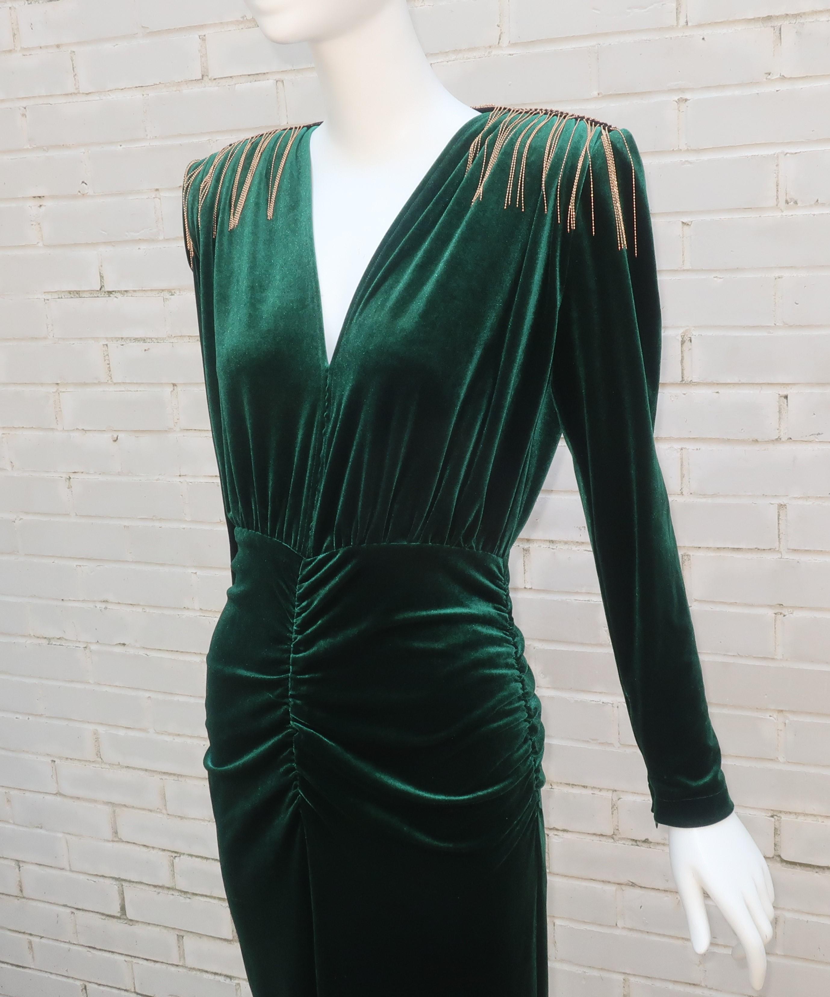 Women's or Men's Bronx & Banco Emerald Green Velvet Evening Dress With Gold Bead Fringe
