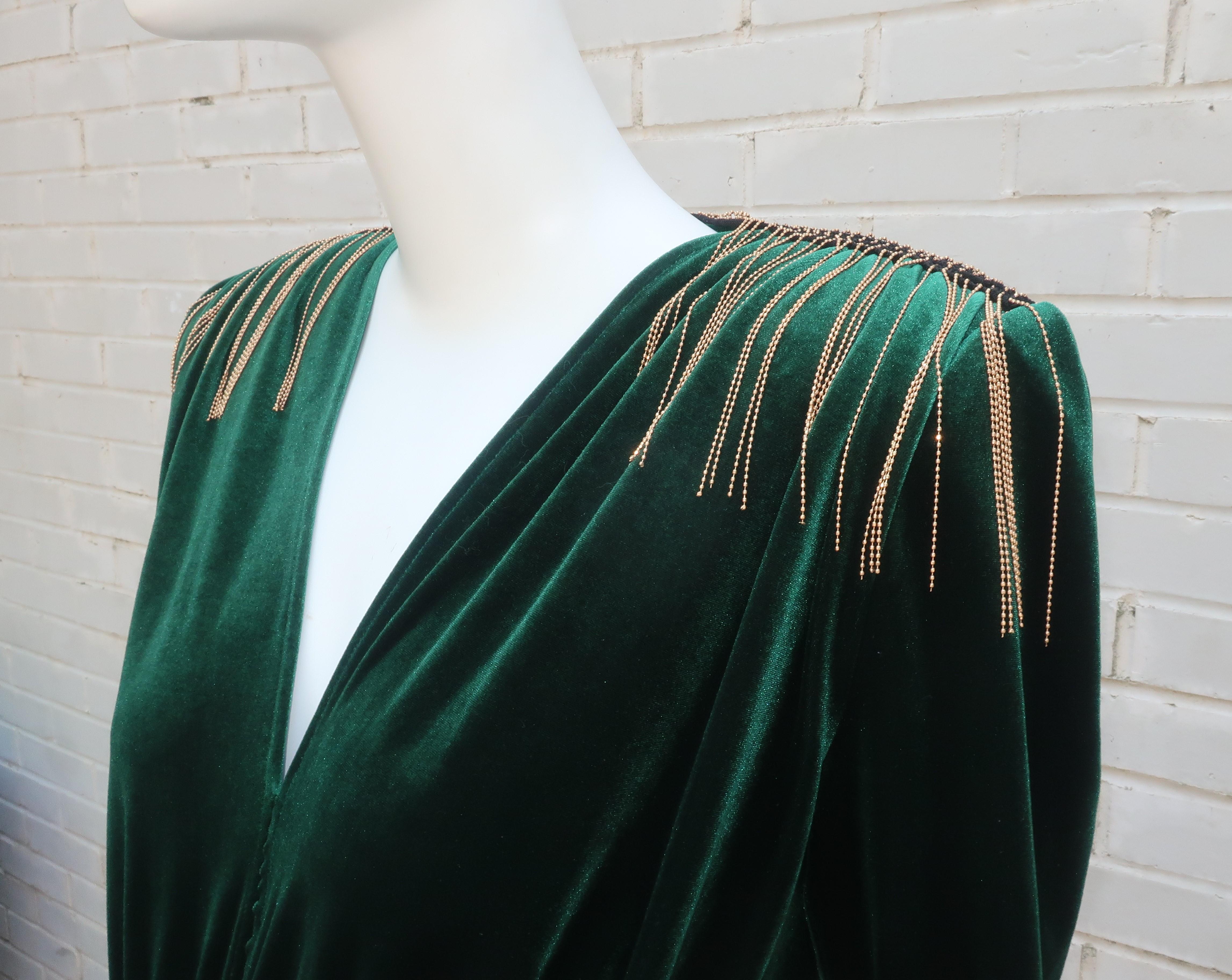 Bronx & Banco Emerald Green Velvet Evening Dress With Gold Bead Fringe 1