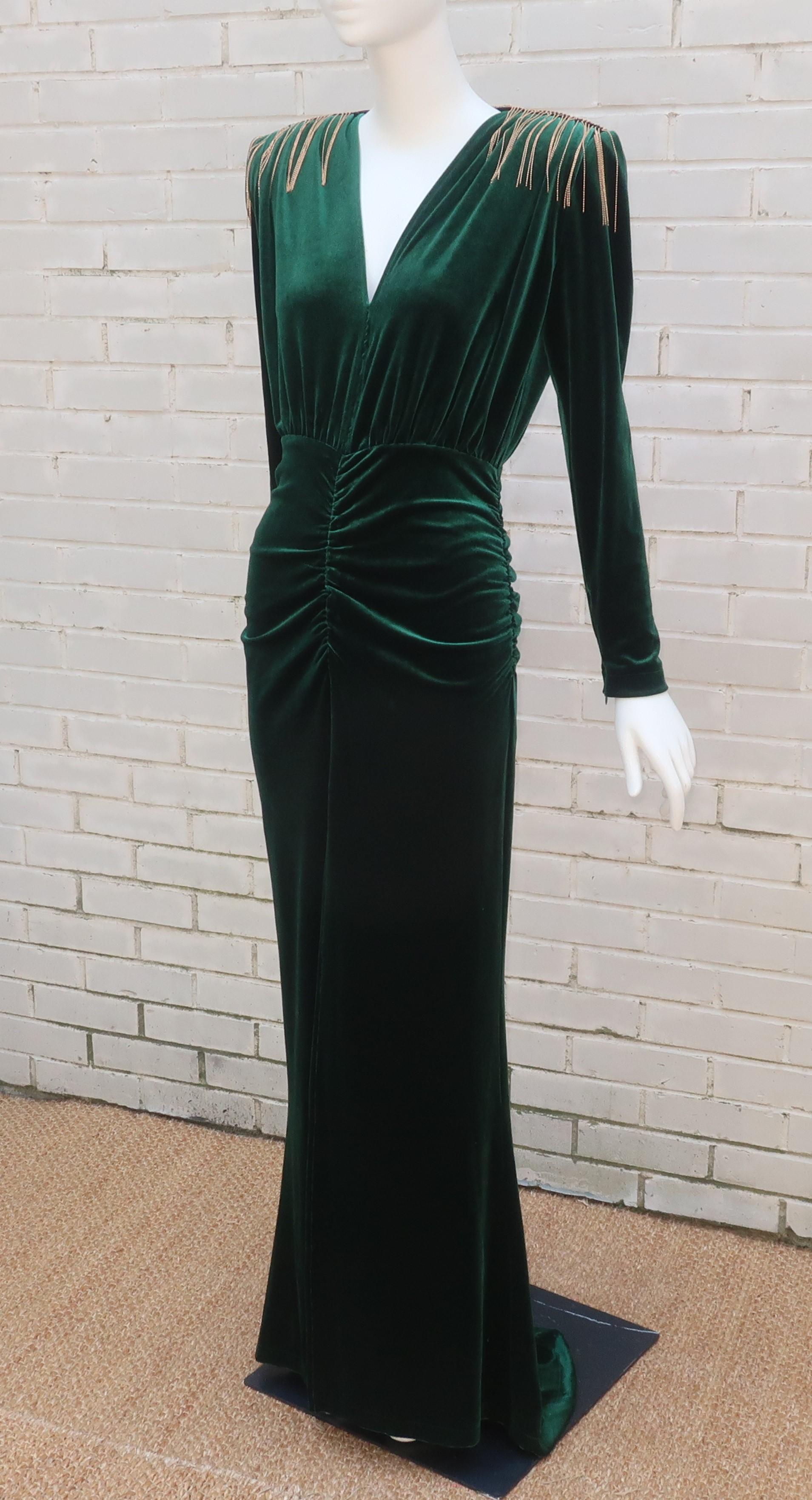 Bronx & Banco Emerald Green Velvet Evening Dress With Gold Bead Fringe 2