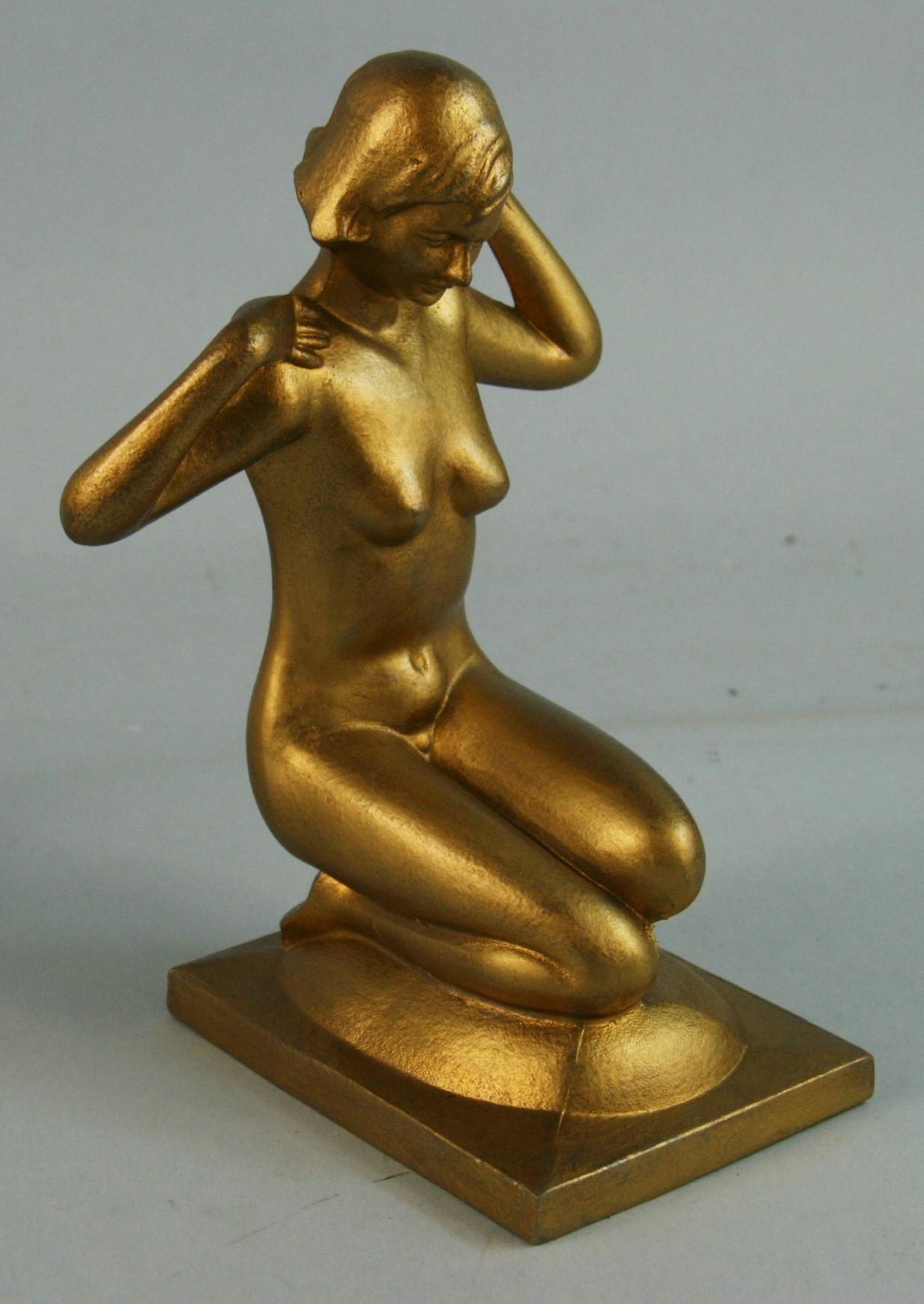 Early 20th Century Bronzart Art Deco Nude Female Gilt Bookends 1920