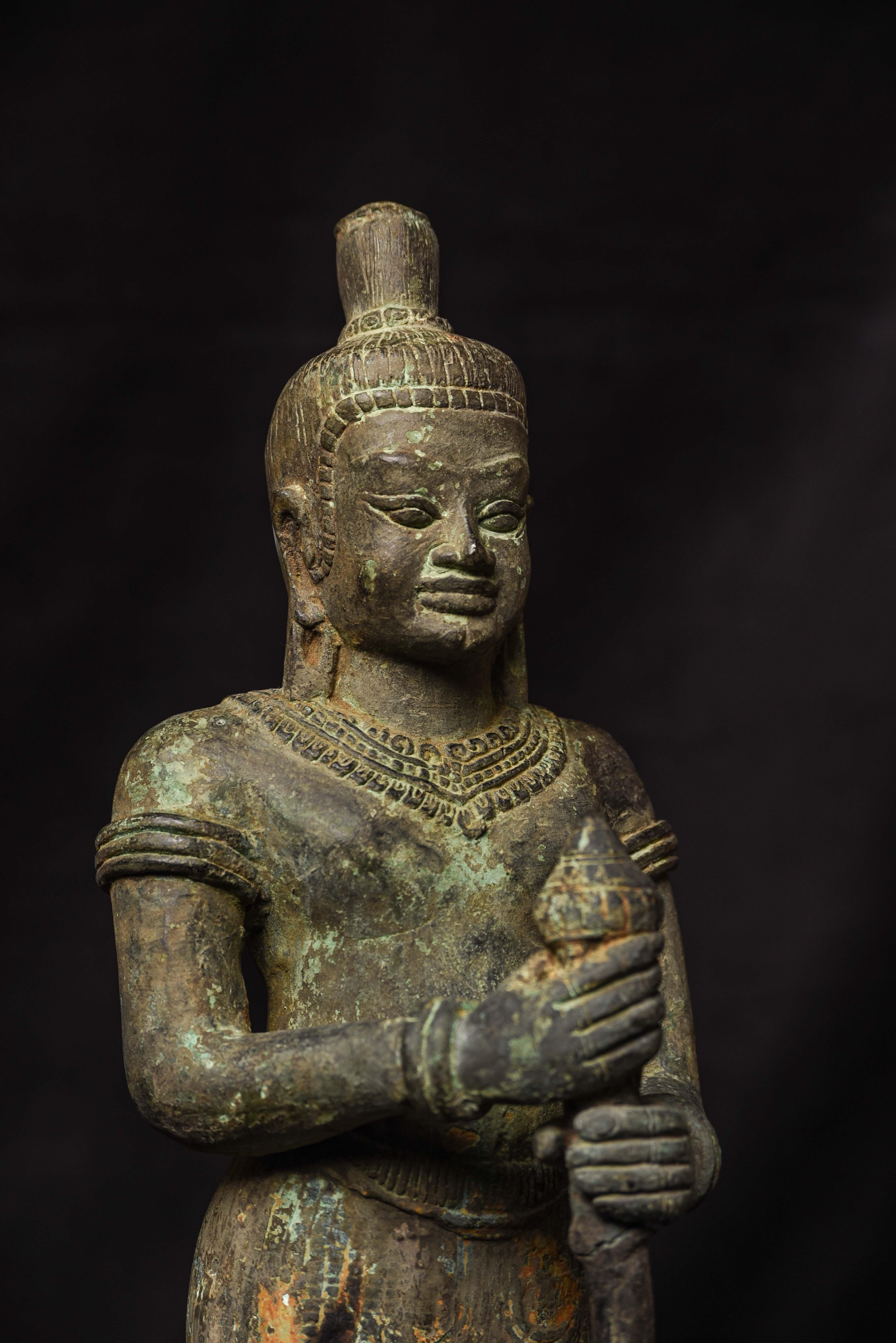 Bronze 10-11thC Cambodian Khmer Era  Guardian Figure. For Sale 10