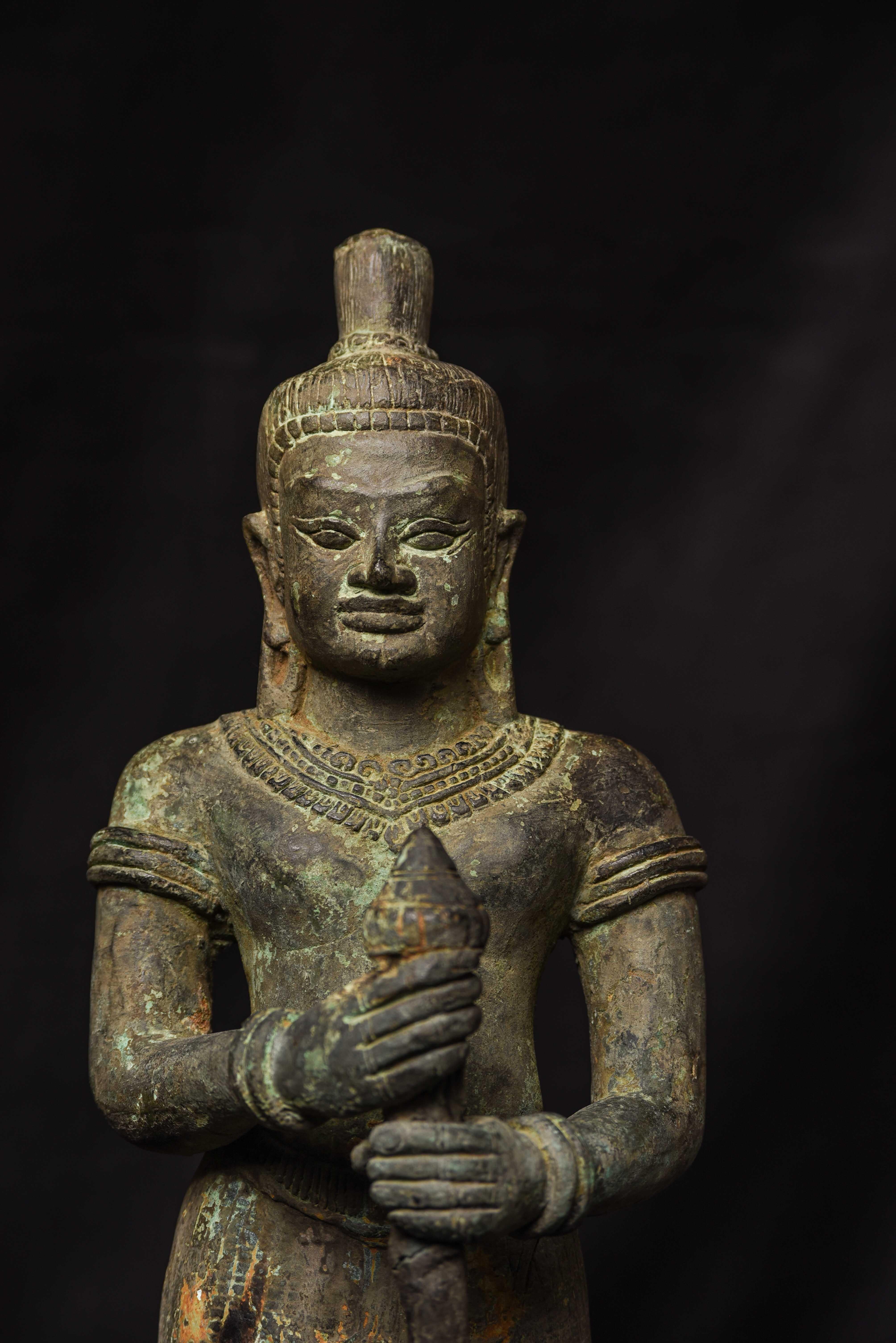 Bronze 10-11thC Cambodian Khmer Era  Guardian Figure. For Sale 11