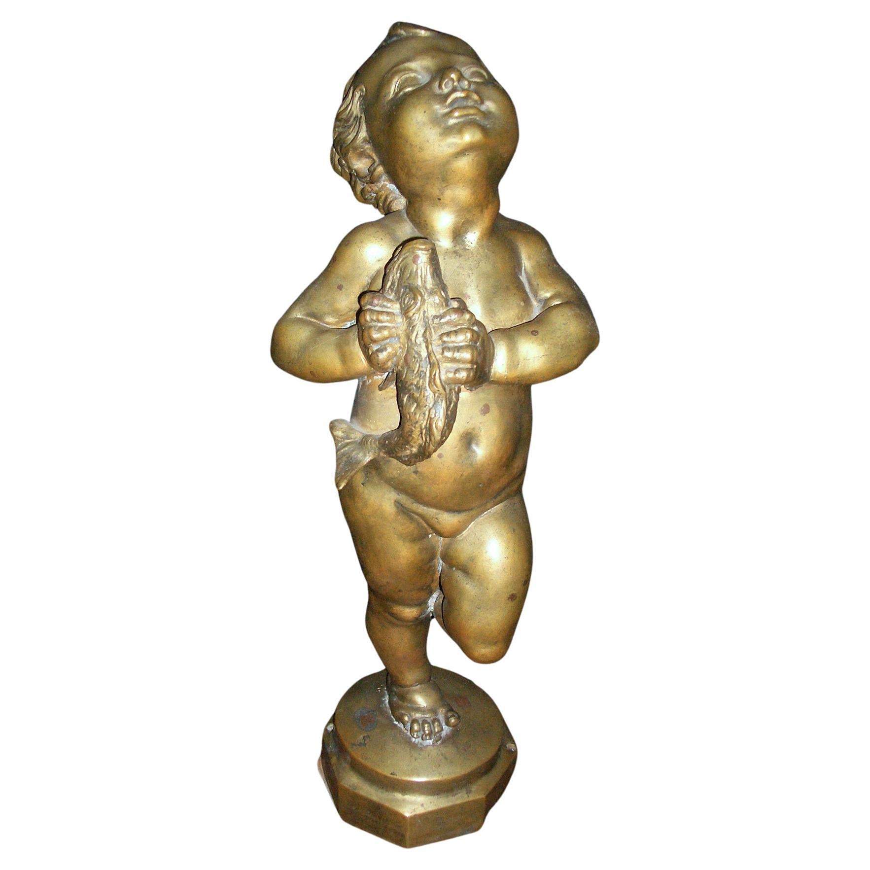 Scultura in bronzo del XVIII secolo / Fontana Figura di bambino / Putto con delfino