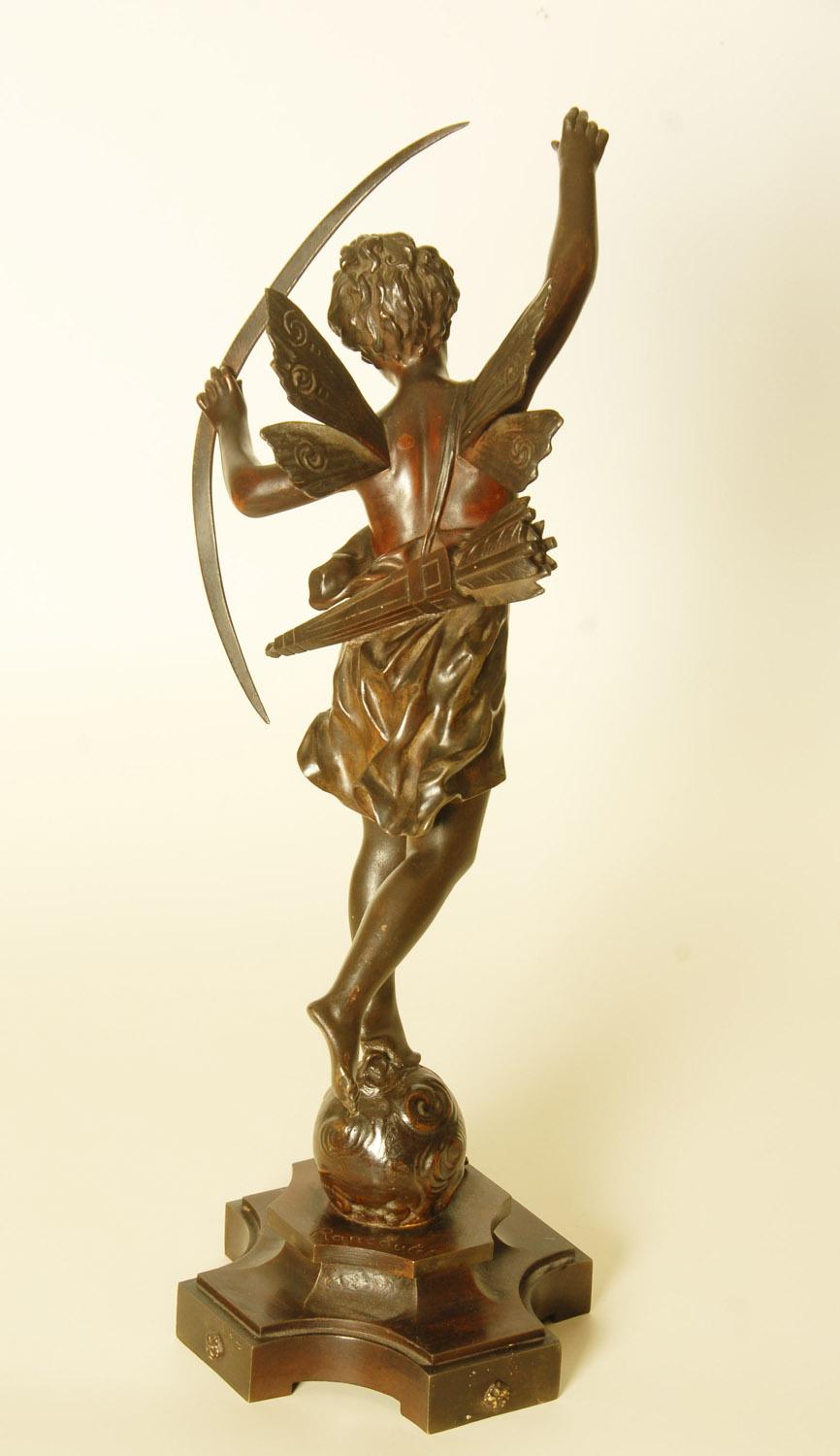 Patinated Bronze 19th Century Sculpture of Winged Cupid by Ernest Rancoulet For Sale