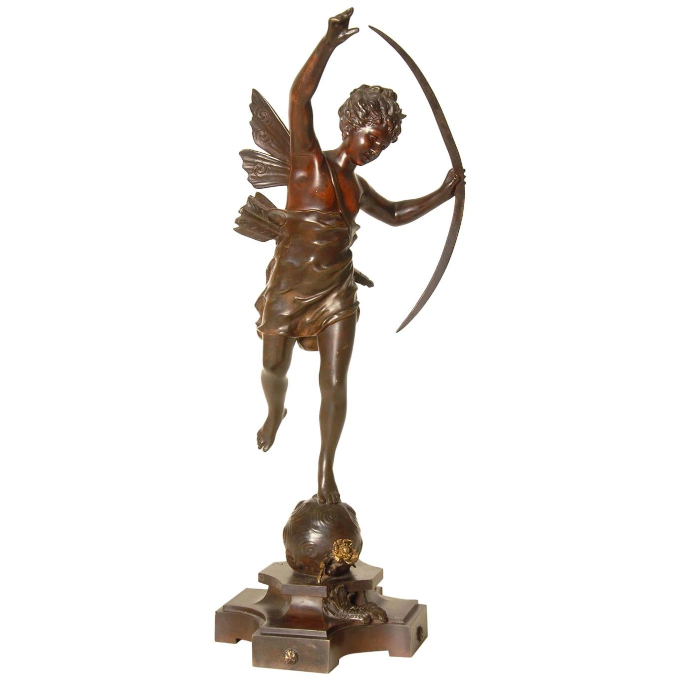 Bronze 19th Century Sculpture of Winged Cupid by Ernest Rancoulet For Sale